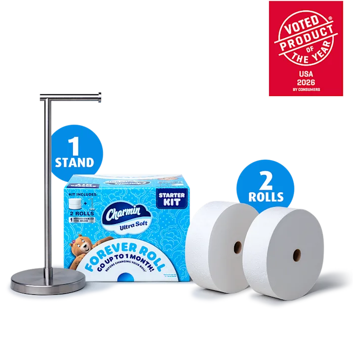 Premium brushed stainless steel roll holder and 2 forever rolls next to each other alongside the Charmin Forever Roll Starter Kit package