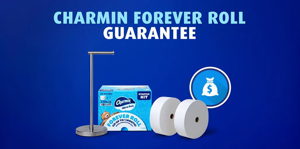 Premium brushed stainless steel roll  holder and 2 forever rolls next to each other alongside  the Charmin Forever Roll Starter Kit package with  forever roll guarantee icon.