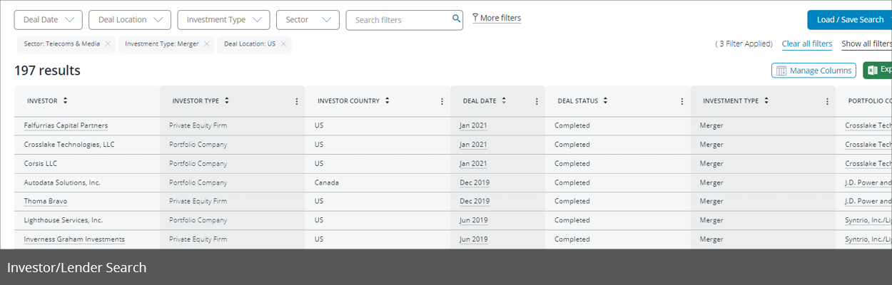 Investor/Lender Searches