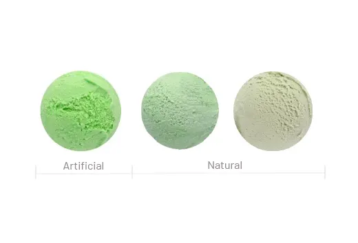 From left to right, this panned candy is colored with FD&C Yellow 5 + FD&C Blue (tartrazine/brilliant blue), spirulina + turmeric, jagua fruit + turmeric.