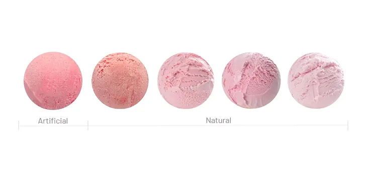 From left to right, this dairy-based ice cream is colored with FD&C Red 40 (Allure Red), red beet/fungus carotene, red beet/fungus carotene, cochineal, red beet/orange carrot.