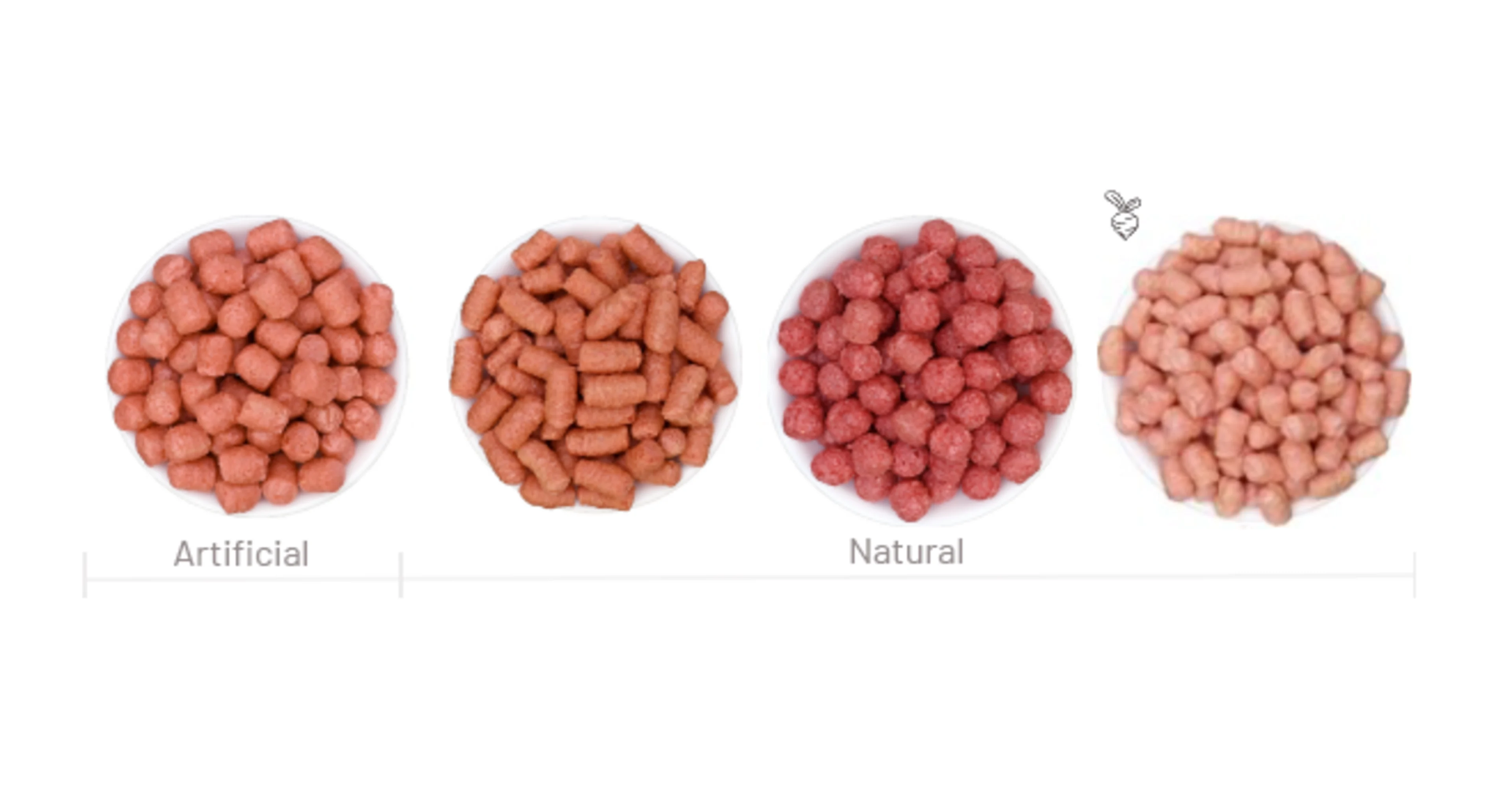 Red cereal blurb Left to right: FD&C Red 40 + Brilliant Blue #1, Hansen sweet potato/annatto, cochineal/annatto, clean label Hansen sweet potato