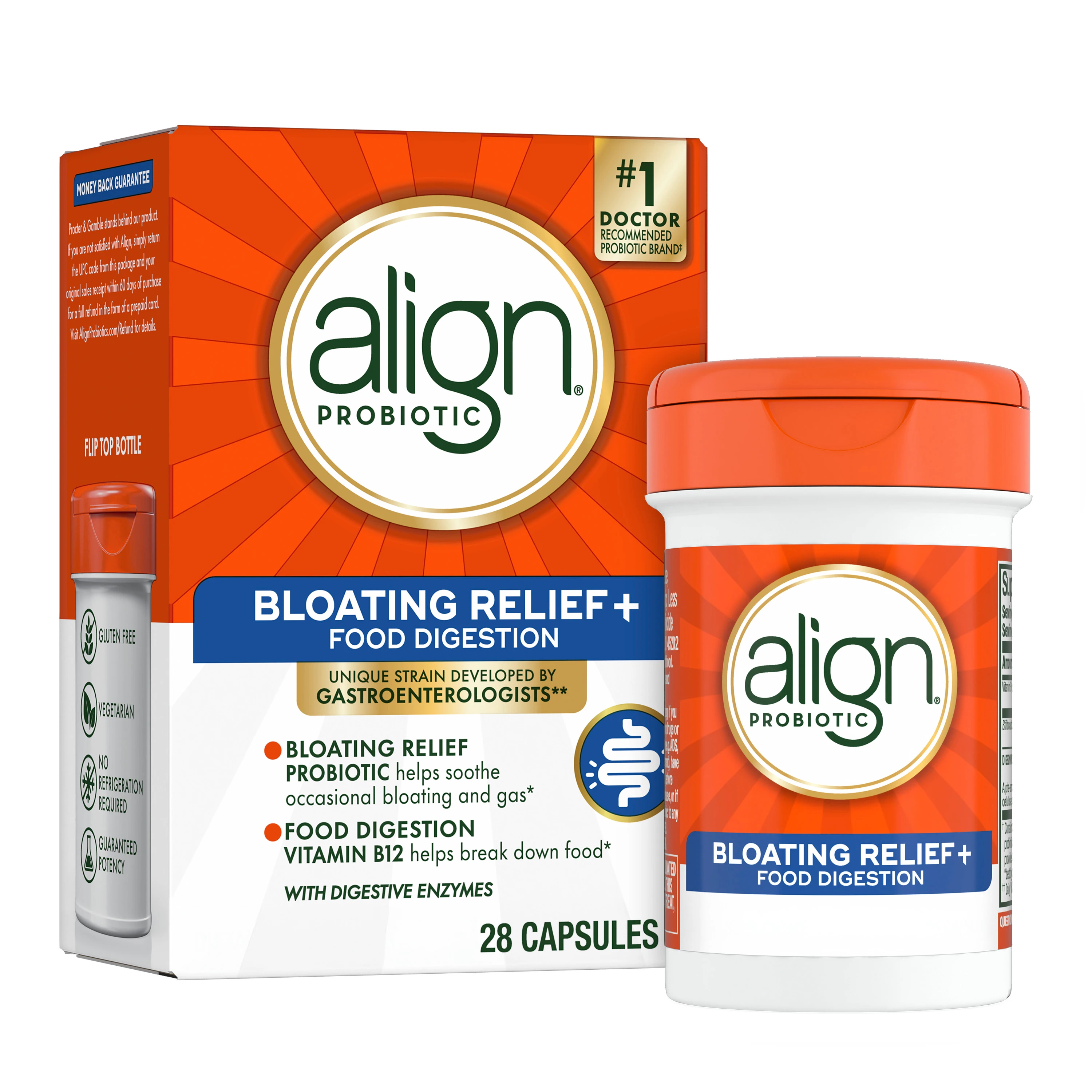 Align Probiotic Bloating Relief + Food Digestion supplement package and a bottle with 28 capsules on white background.
