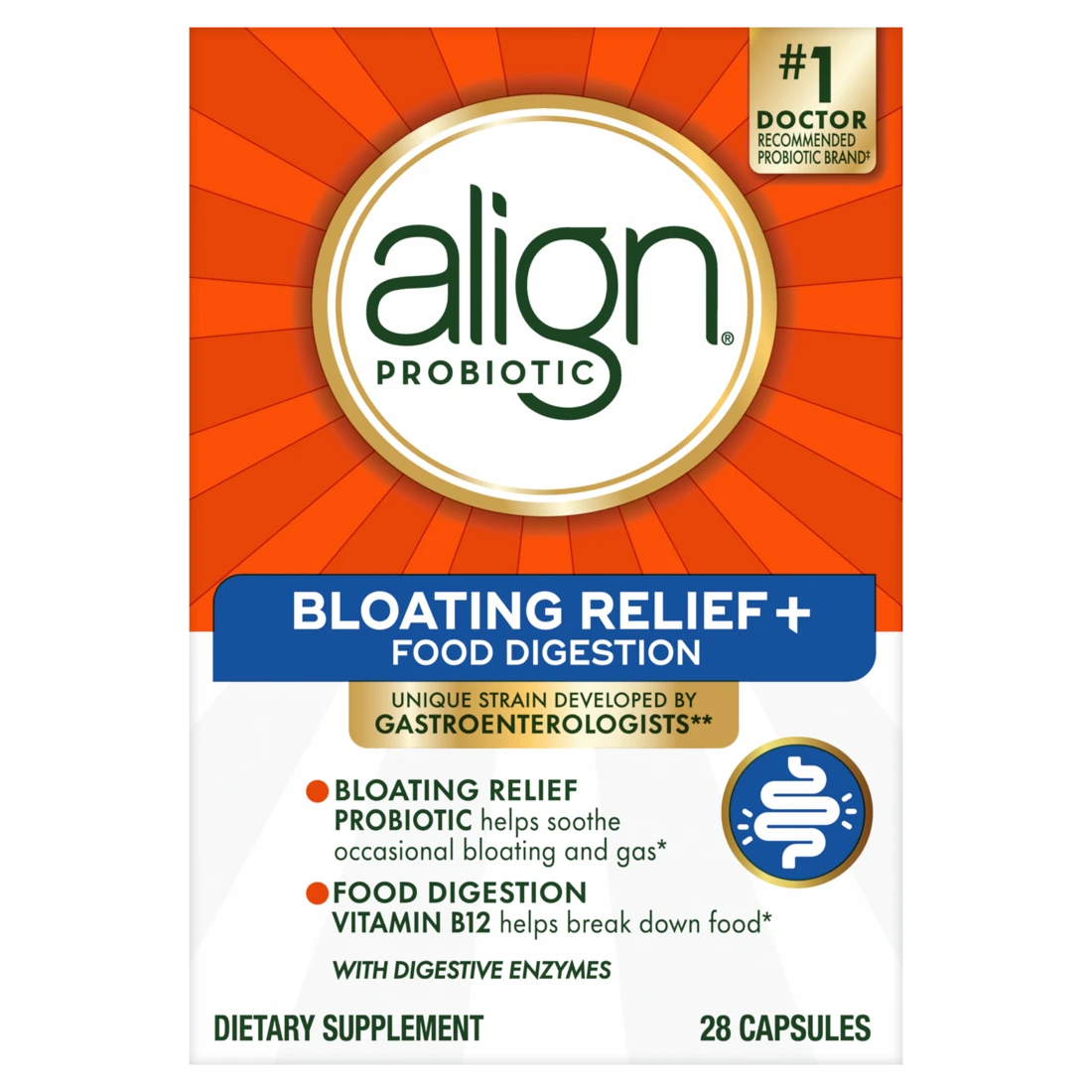 Align Probiotic bloating relief & food digestion capsules package.