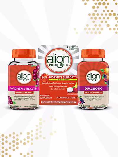 Align Probiotic woman 's dual Action, Dualbiotic and 24/7 Digestive Support packages.