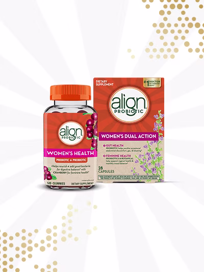 Align Probiotic woman 's Health gummies bottle & woman 's Dual Action capsules package.