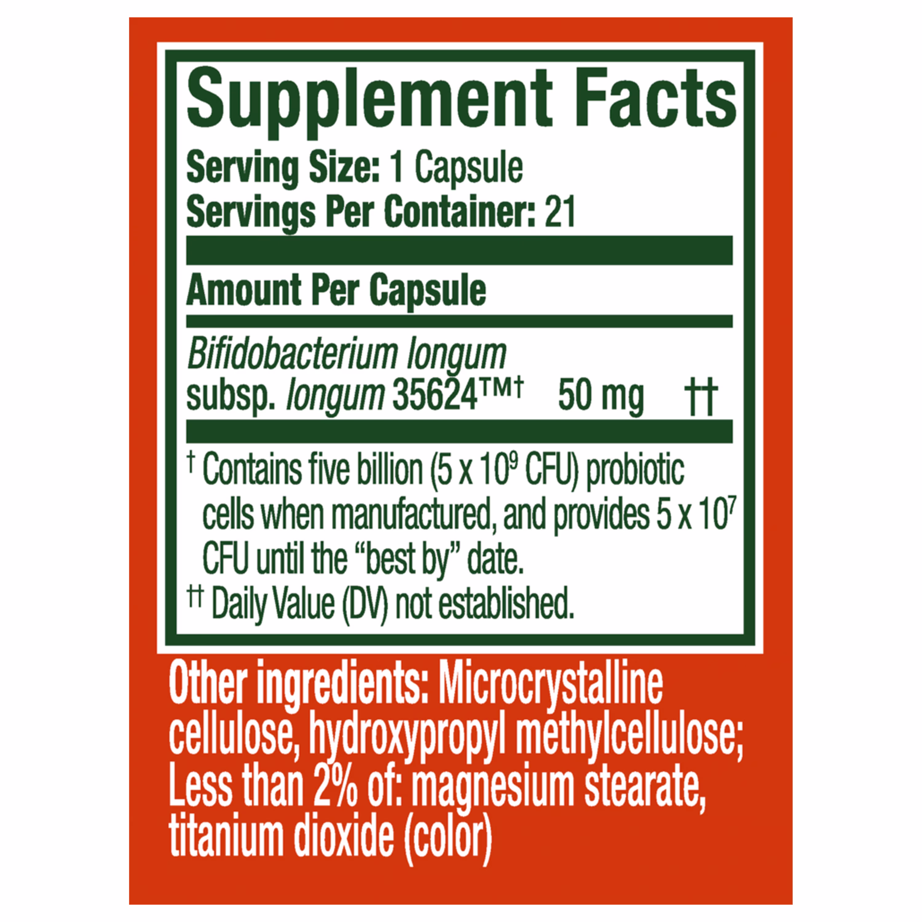 Supplement Facts label for probiotic capsules containing Bifidobacterium longum, showing 21 servings per container with orange border.