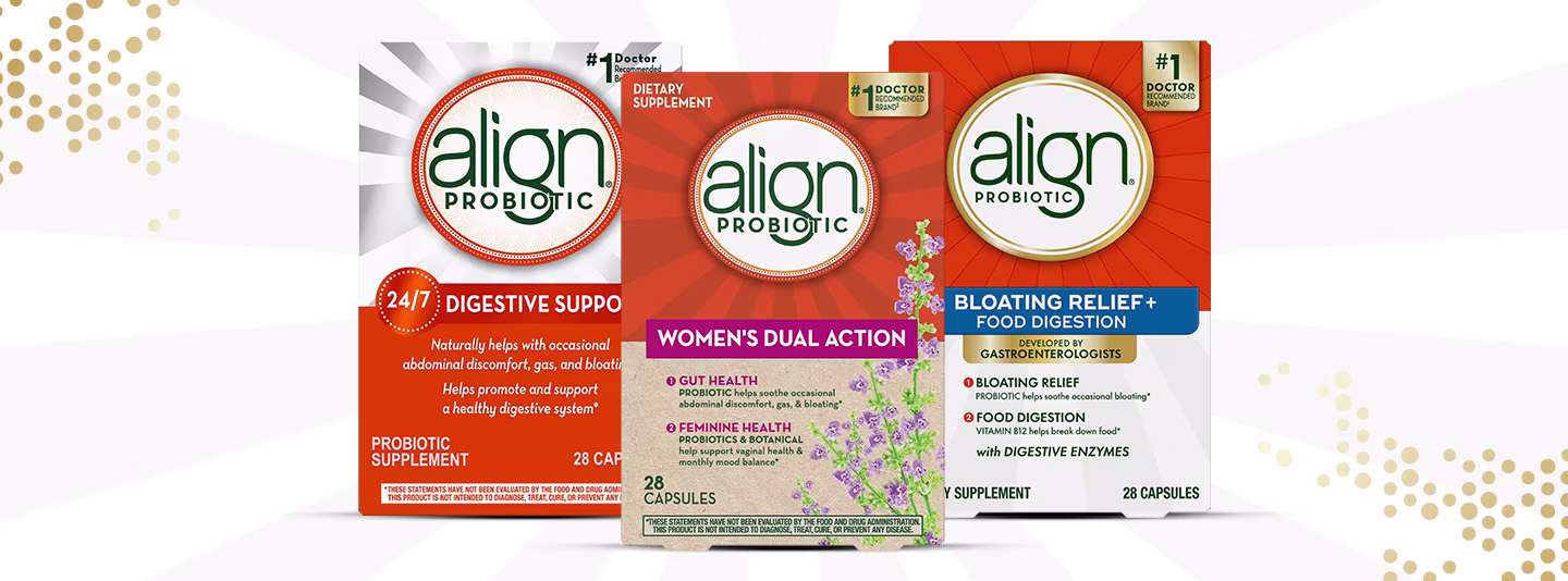Align Probiotic 24/7 Digestive Support, woman 's dual Action and Bloating Relief + Food Digestion capsules packages.
