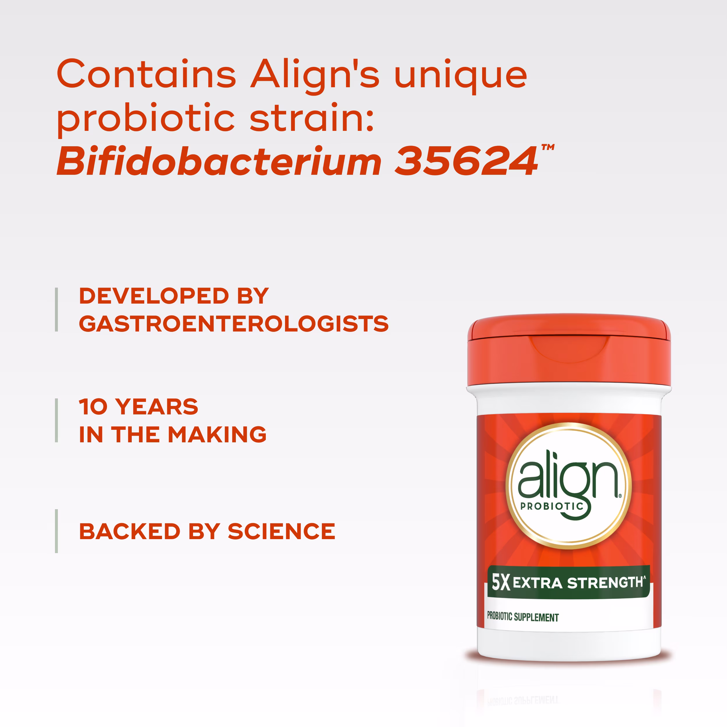 Orange Align probiotic 5X Extra Strength supplement bottle with text highlighting its unique Bifidobacterium strain and scientific development.