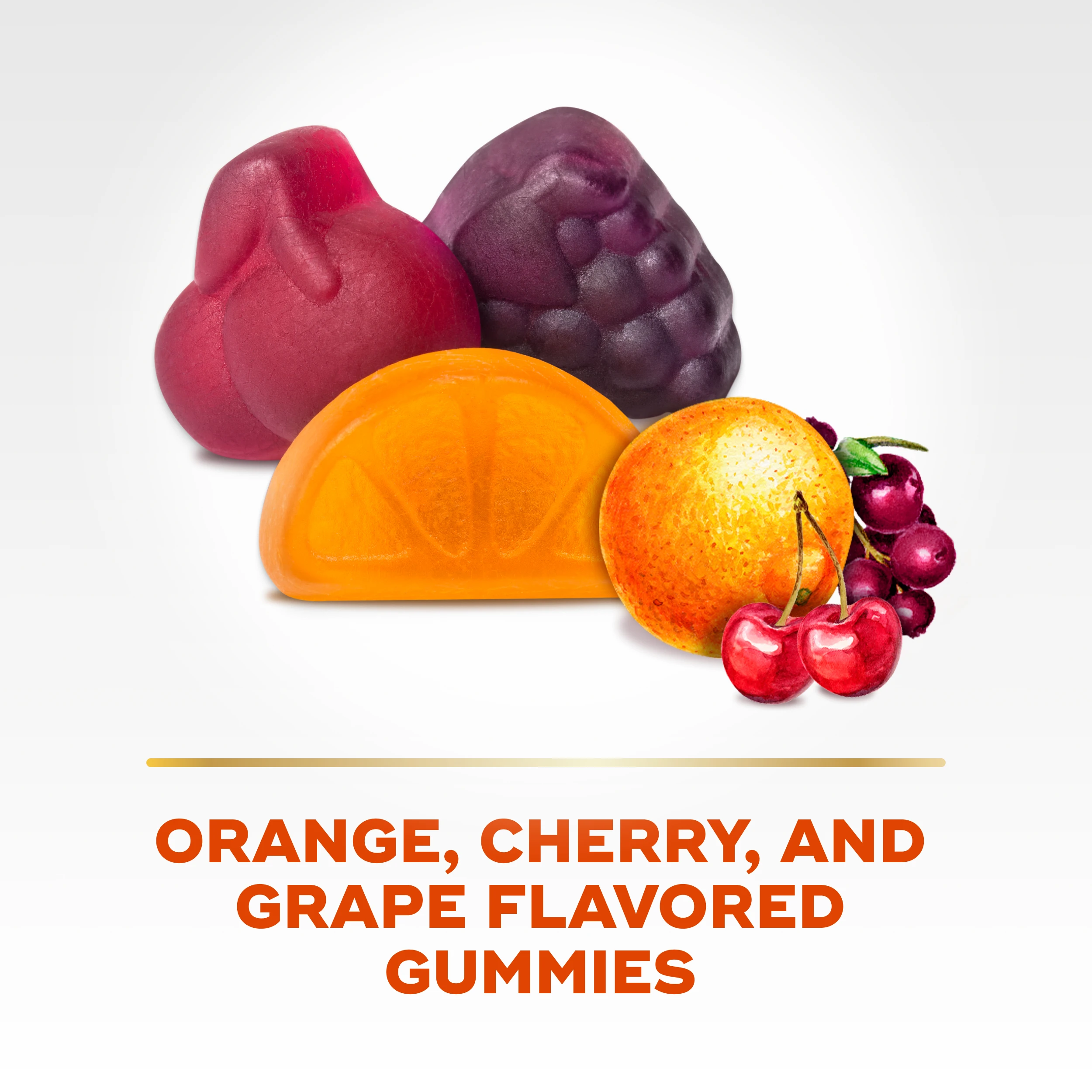 Colorful fruit-shaped gummies in orange, cherry, and grape flavors with matching fruit illustrations on white background.