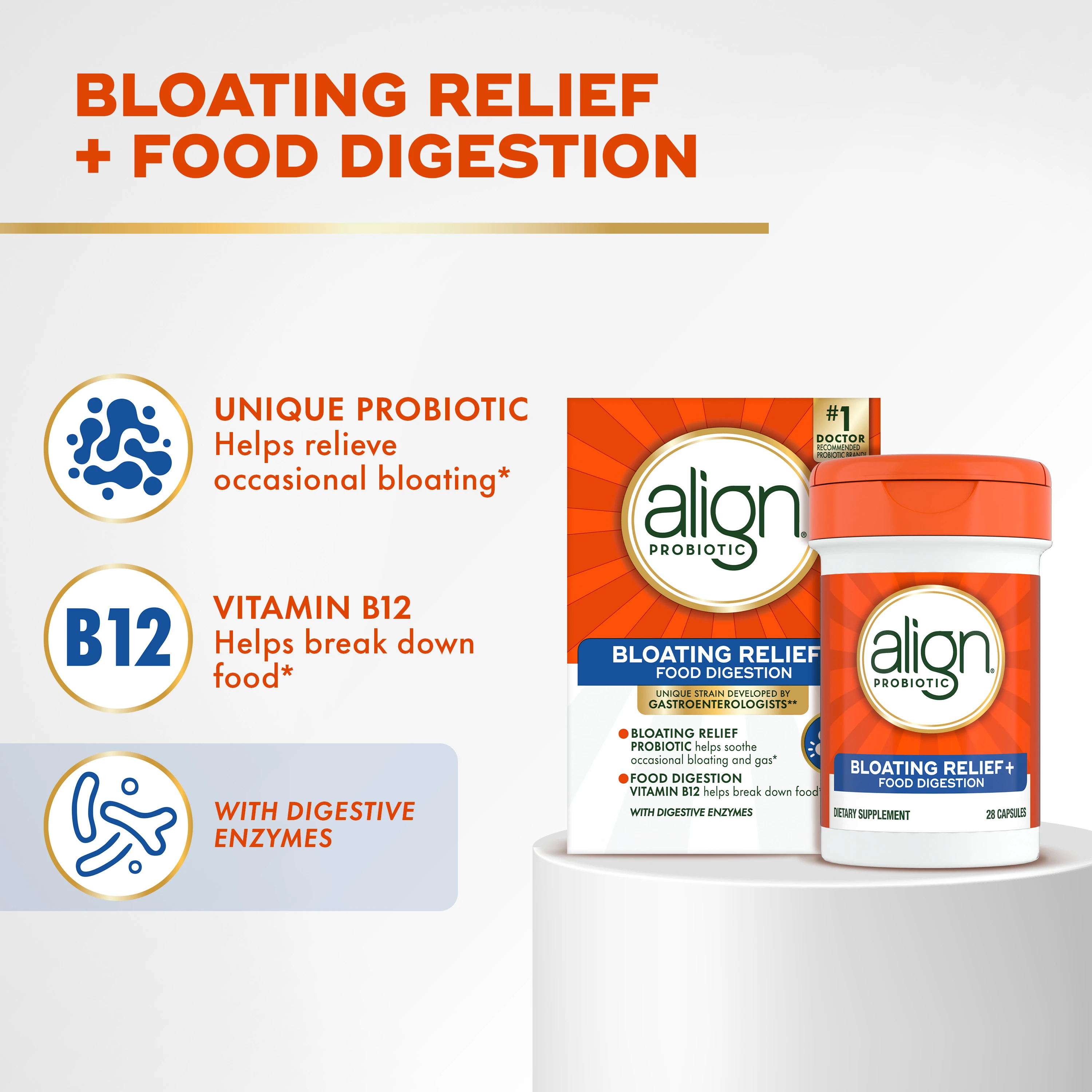 Align Probiotic Bloating Relief + Food Digestion package, a bottle and text "Bloating Relief + Food Digestion". 3 icons with text: "Unique Probiotic helps relieve occasional bloating", "Vitamin B12 helps break down food" and "With Digestive Enzymes".