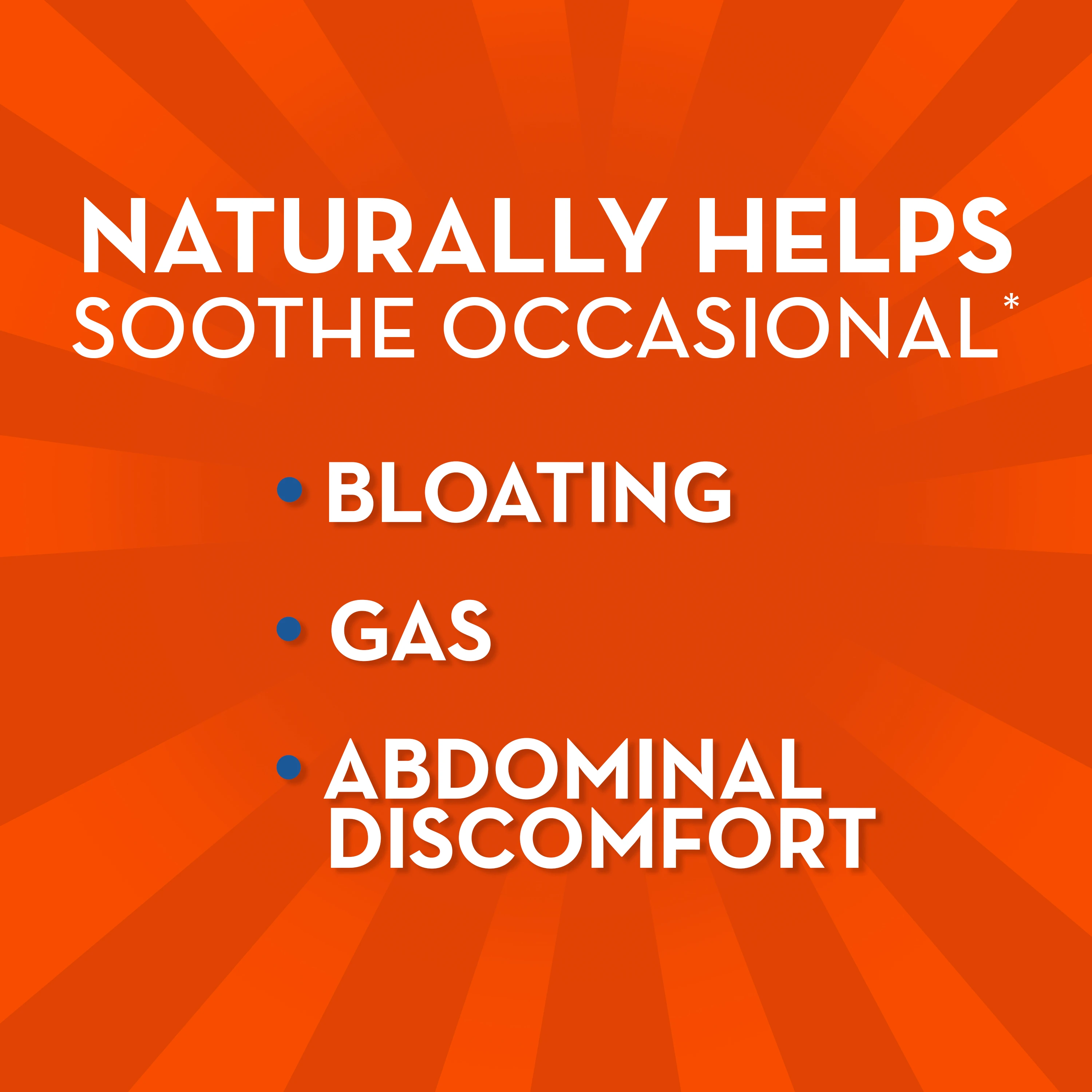 "Naturally helps soothes occasional bloating, gas and abdominal discomfort." text overlaying orange background