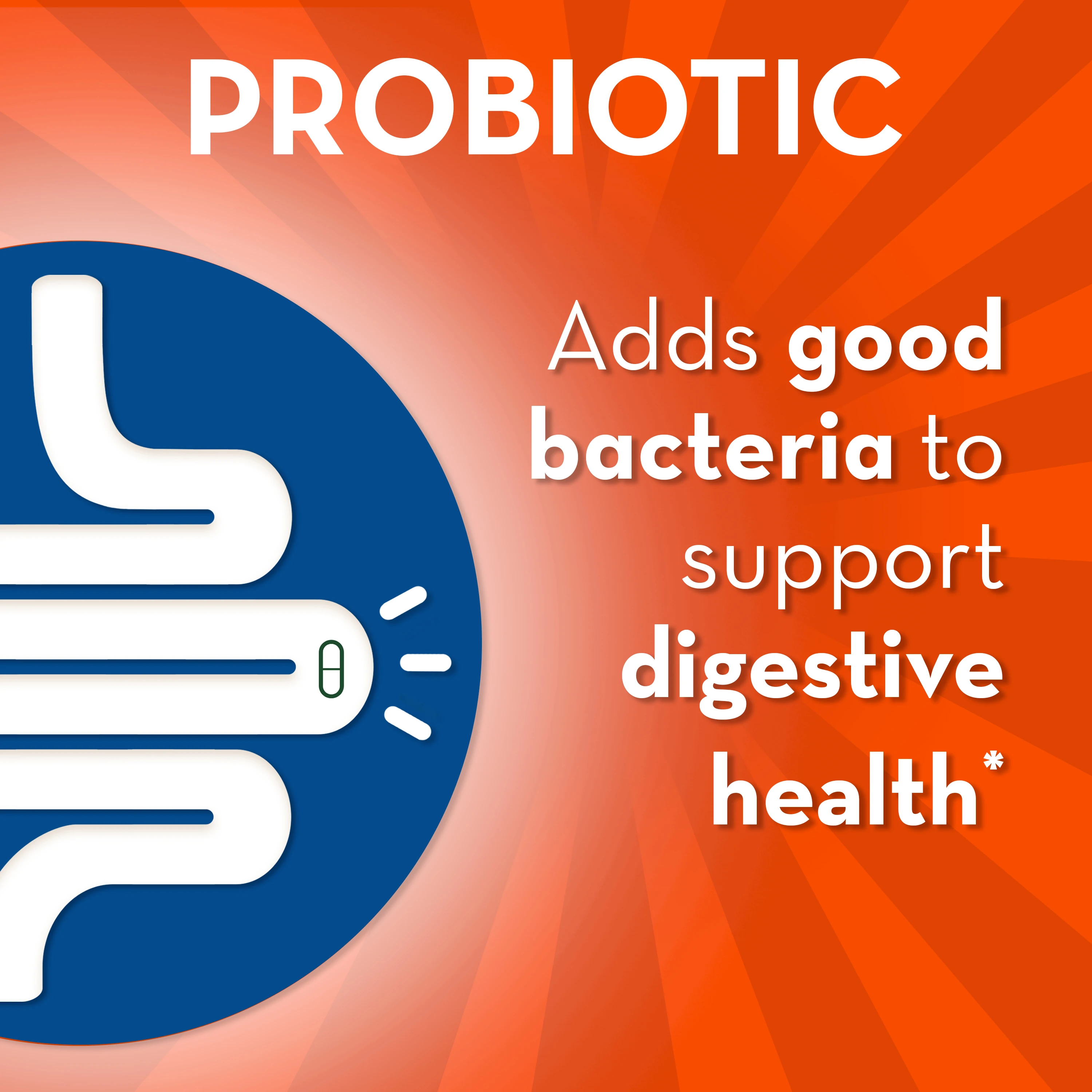 "Probiotics adds good bacteria to support digestive health." text overlaying orange background