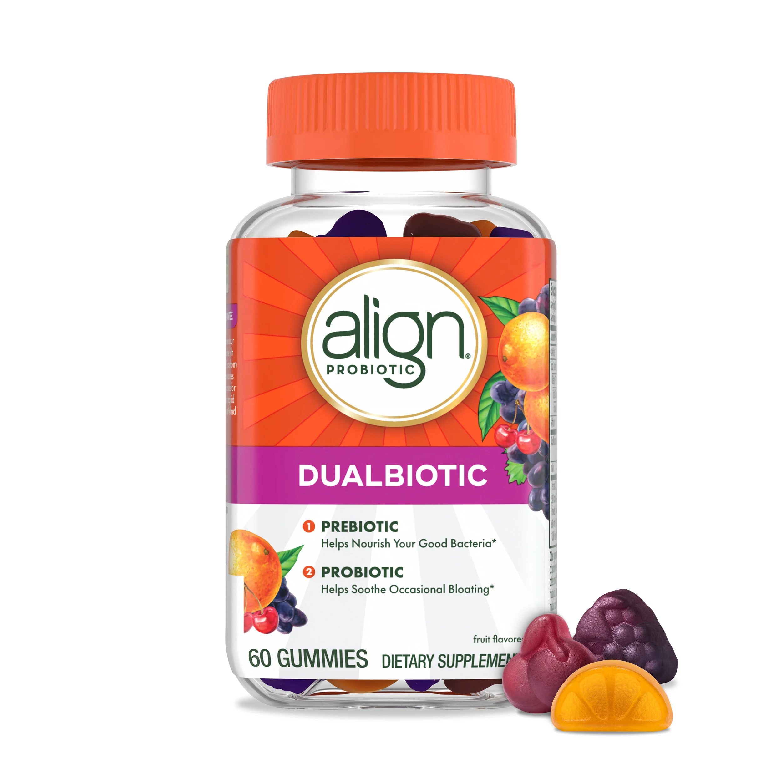 Align Dualbiotic supplement bottle containing 60 fruit-flavored gummies with colorful gummy samples displayed in front.