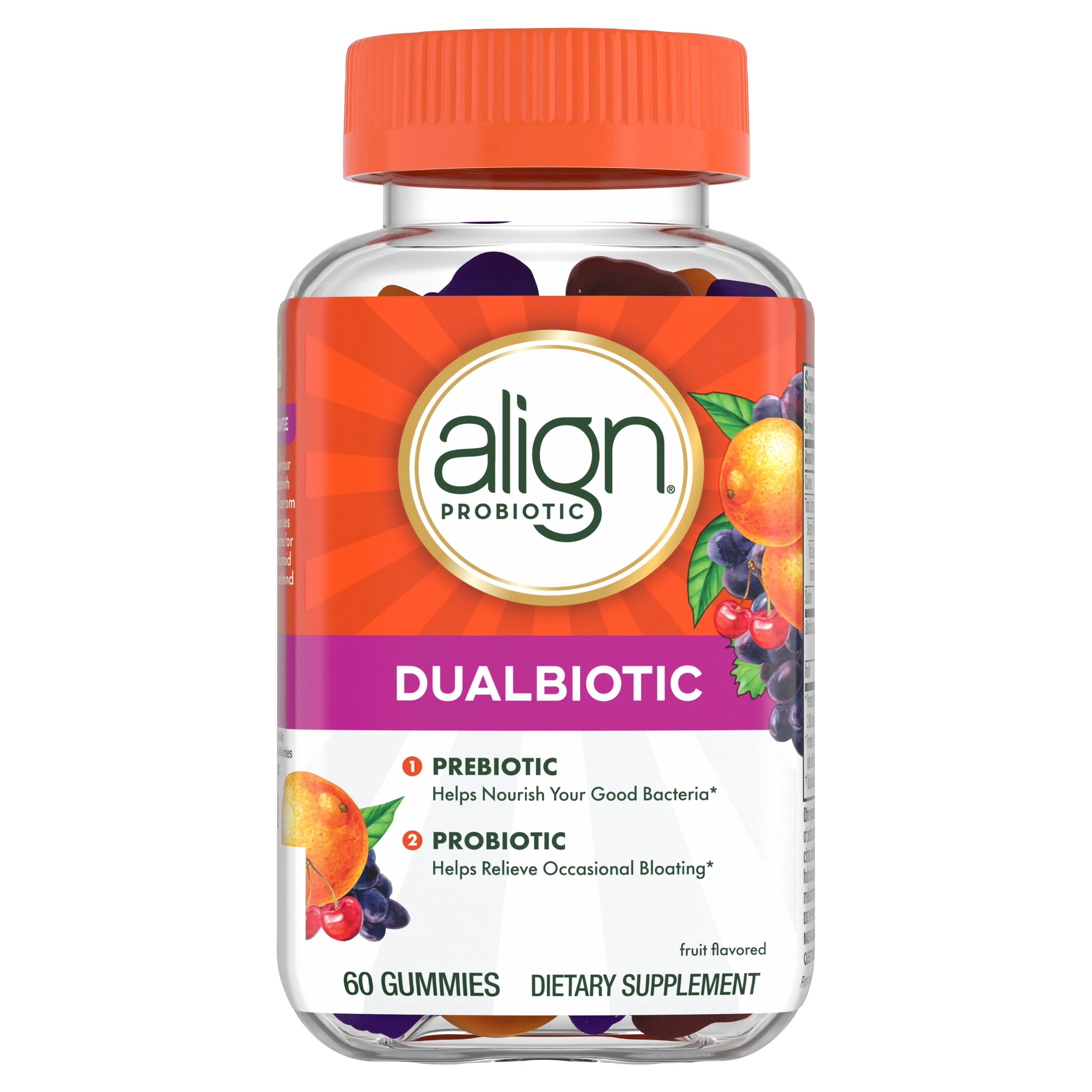 Bottle of Align Dualbiotic fruit-flavored gummy supplements containing 60 gummies with prebiotic and probiotic benefits.