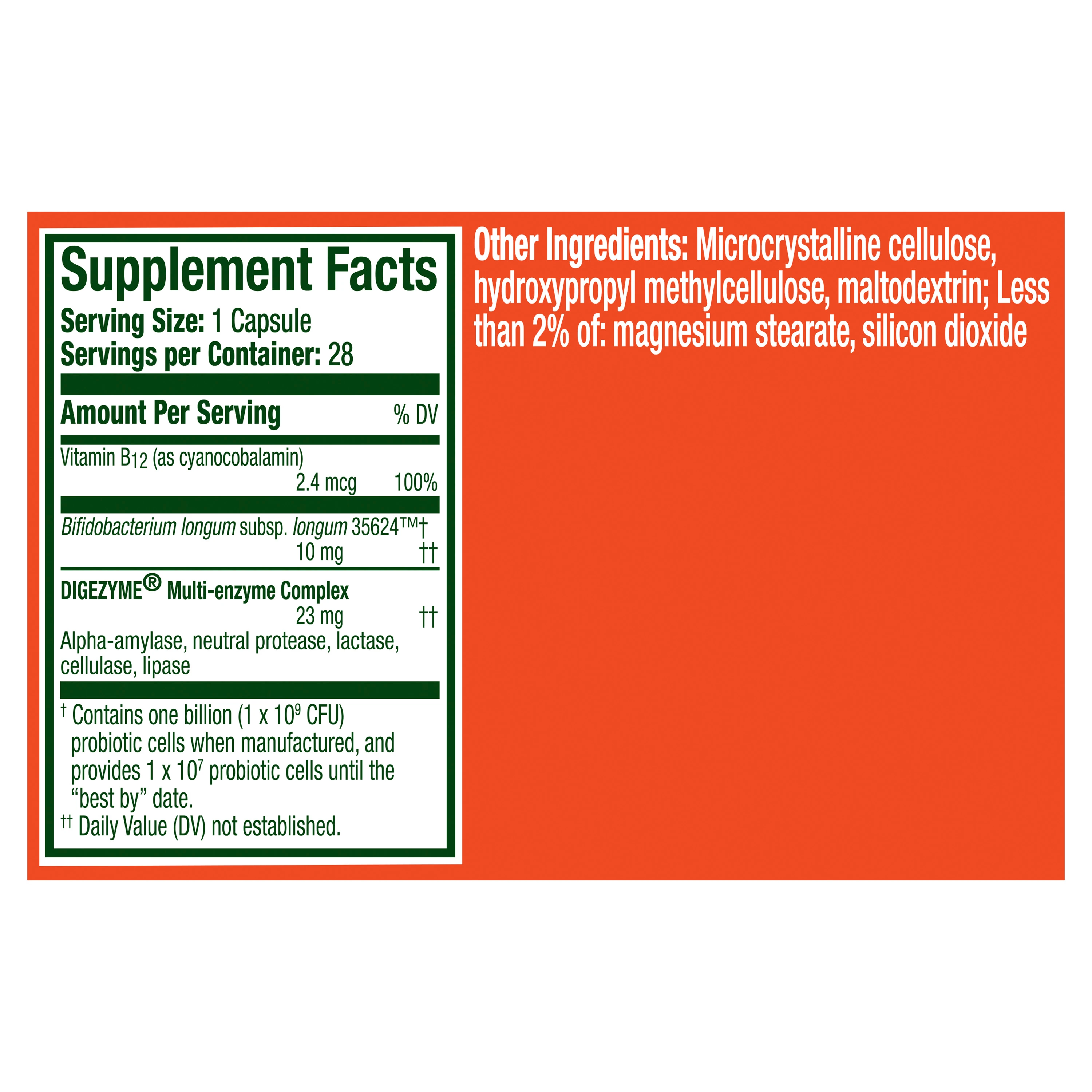 Supplement Facts label showing vitamin B12, probiotics, and digestive enzymes with 28 servings per container on orange background.