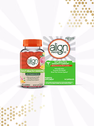 Align Gut Health + Immune support with vitamin B12 and C gummies and capsules package.