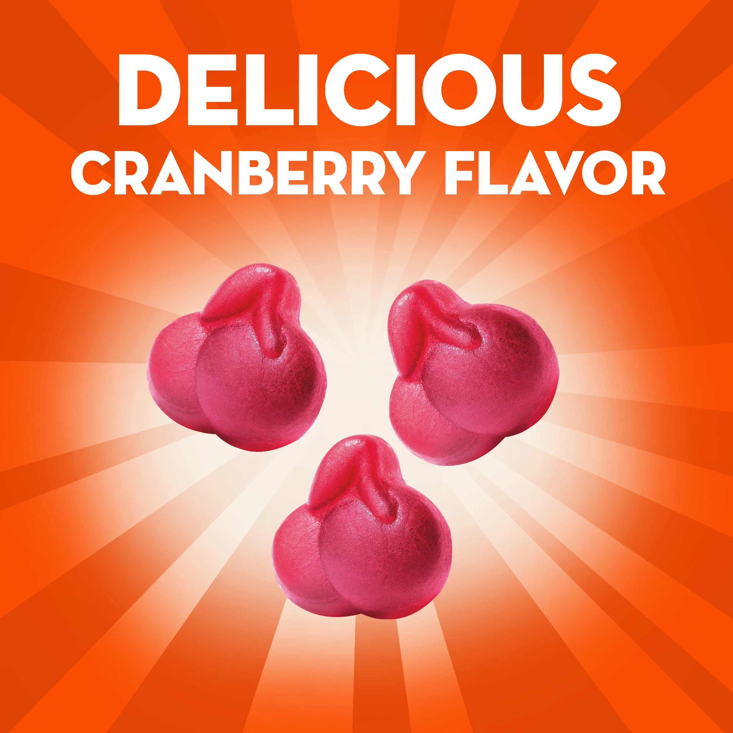 "DELICIOUS CRANBERRY FLAVOR" text and 3 gummies in fruit shape.