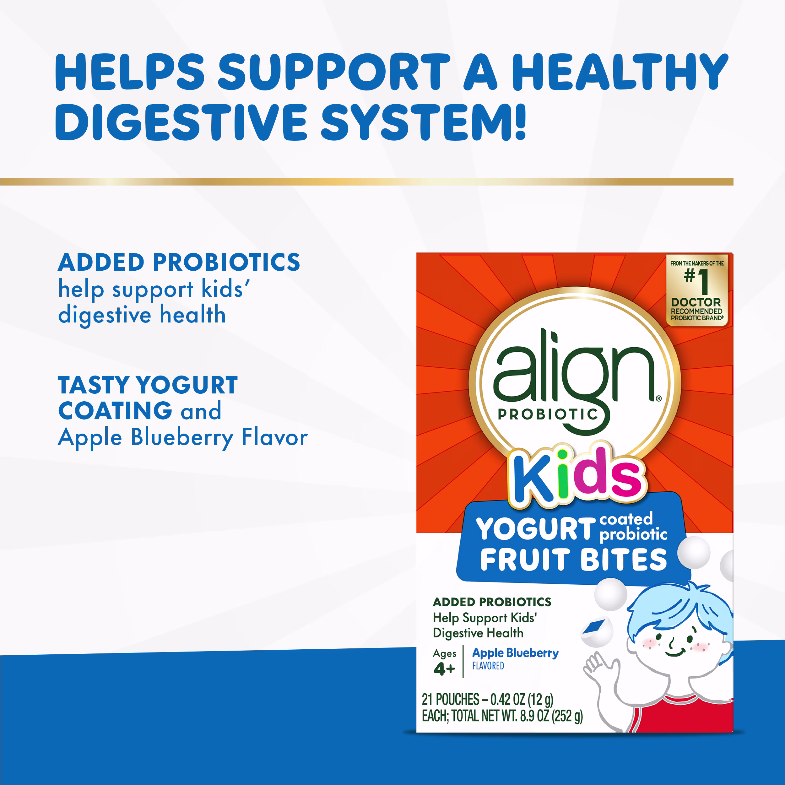 Text "Helps support a healthy digestive system!", "Added Probiotics". "Tasty yogurt coating and apple blueberry flavor" and a package of Align Kids yogurt coated probiotic fruit bites on white background and blue bottom.