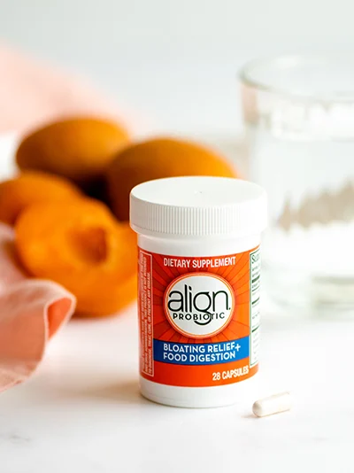 Align Probiotic bloating relief & food digestion capsules package and a pill next to it.