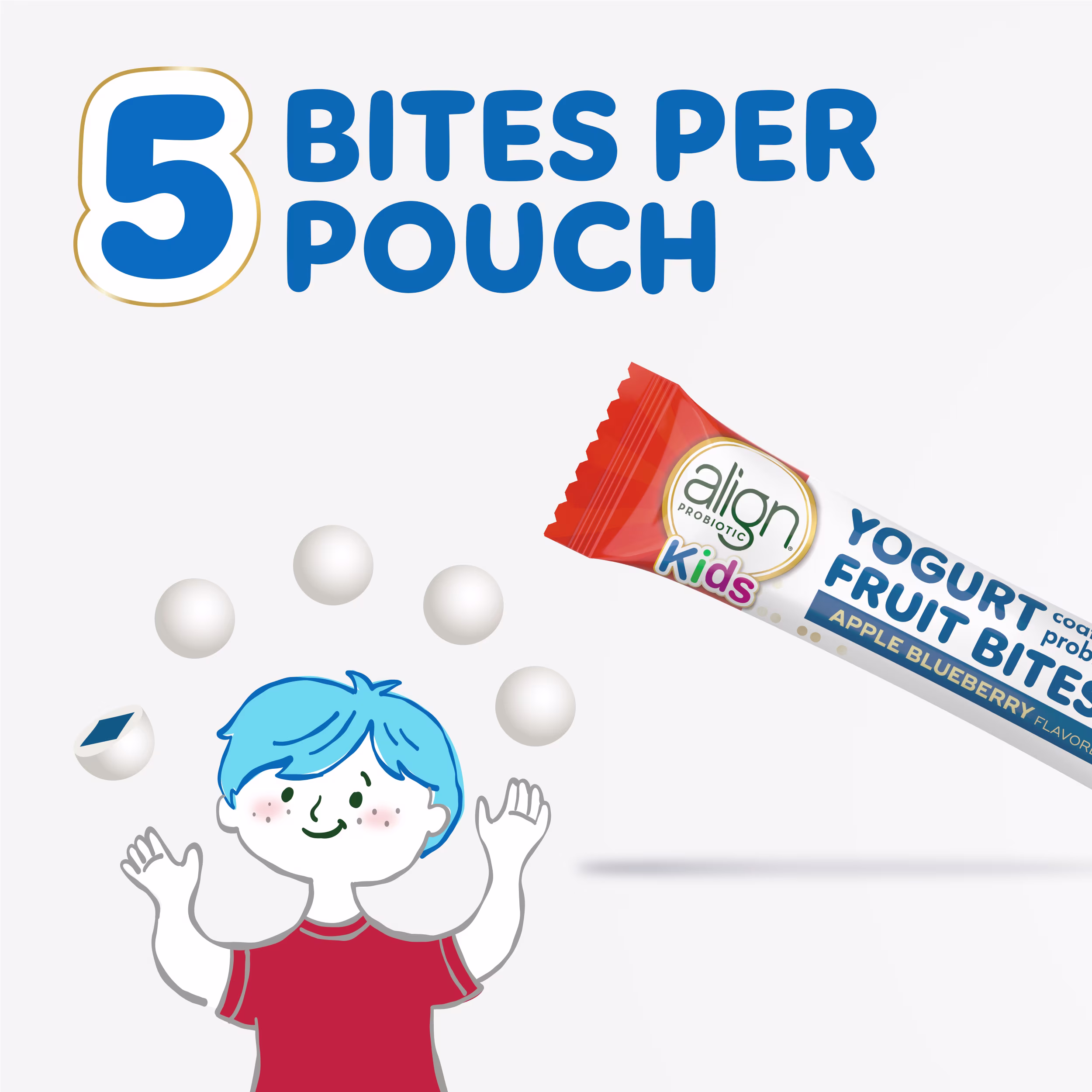 Text: "5 bites per pouch", cartoon style illustration of a young boy juggling with the yogurt coated bites and a pouch of Align Kids yogurt coated probiotic fruit bites on white background.