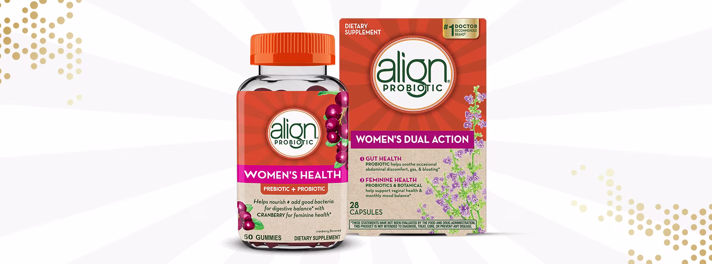 Align Probiotic woman 's Health gummies bottle & woman 's Dual Action capsules package.