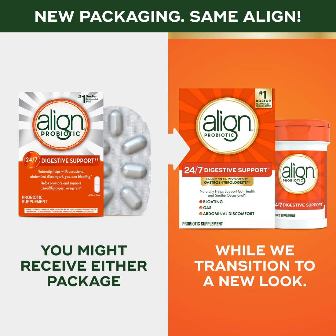 New and old package of Align 24/7 Digestive Support*§ Probiotic Supplement.  