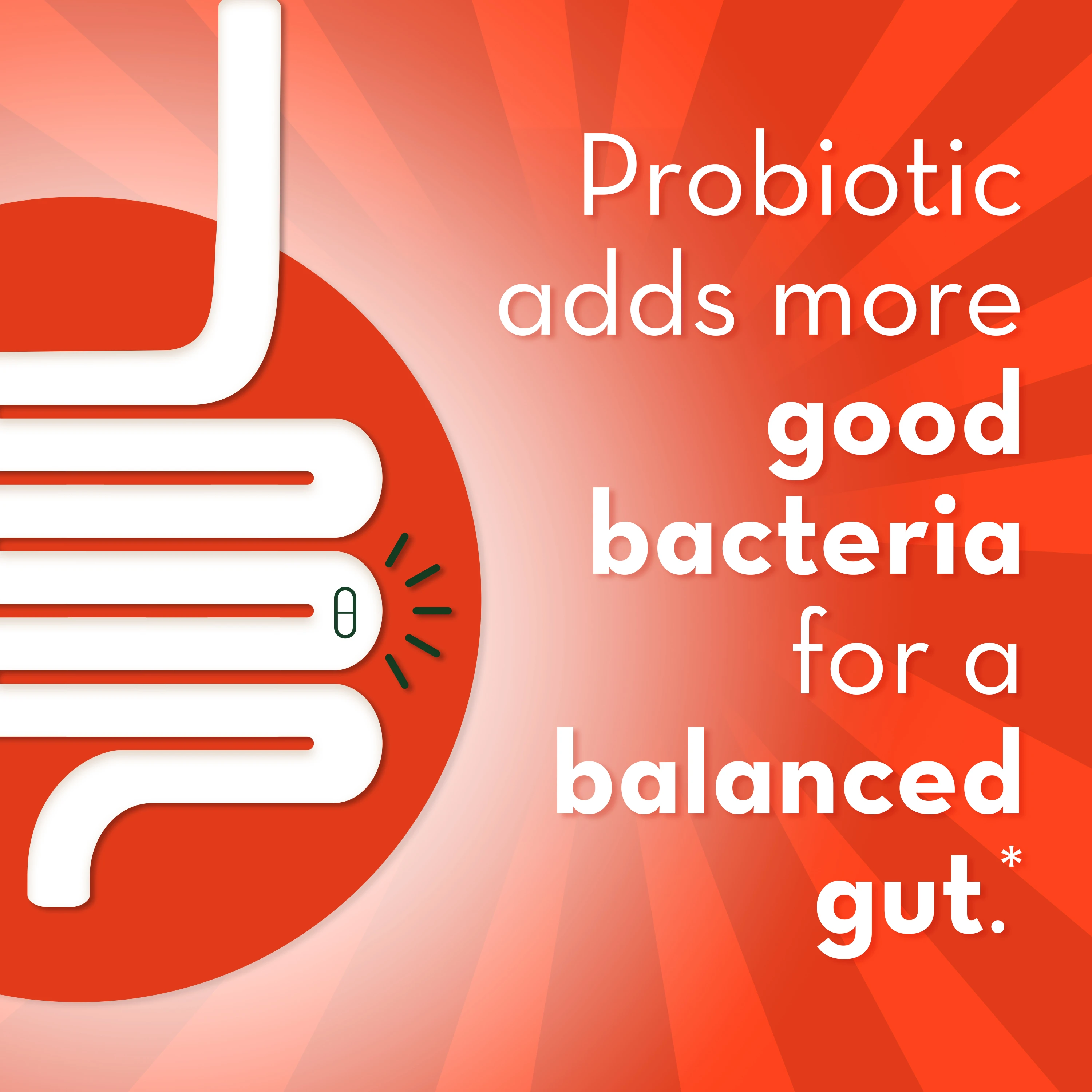 "PREBIOTICS adds more good bacteria for balanced gut" text next to an intestine illustration.