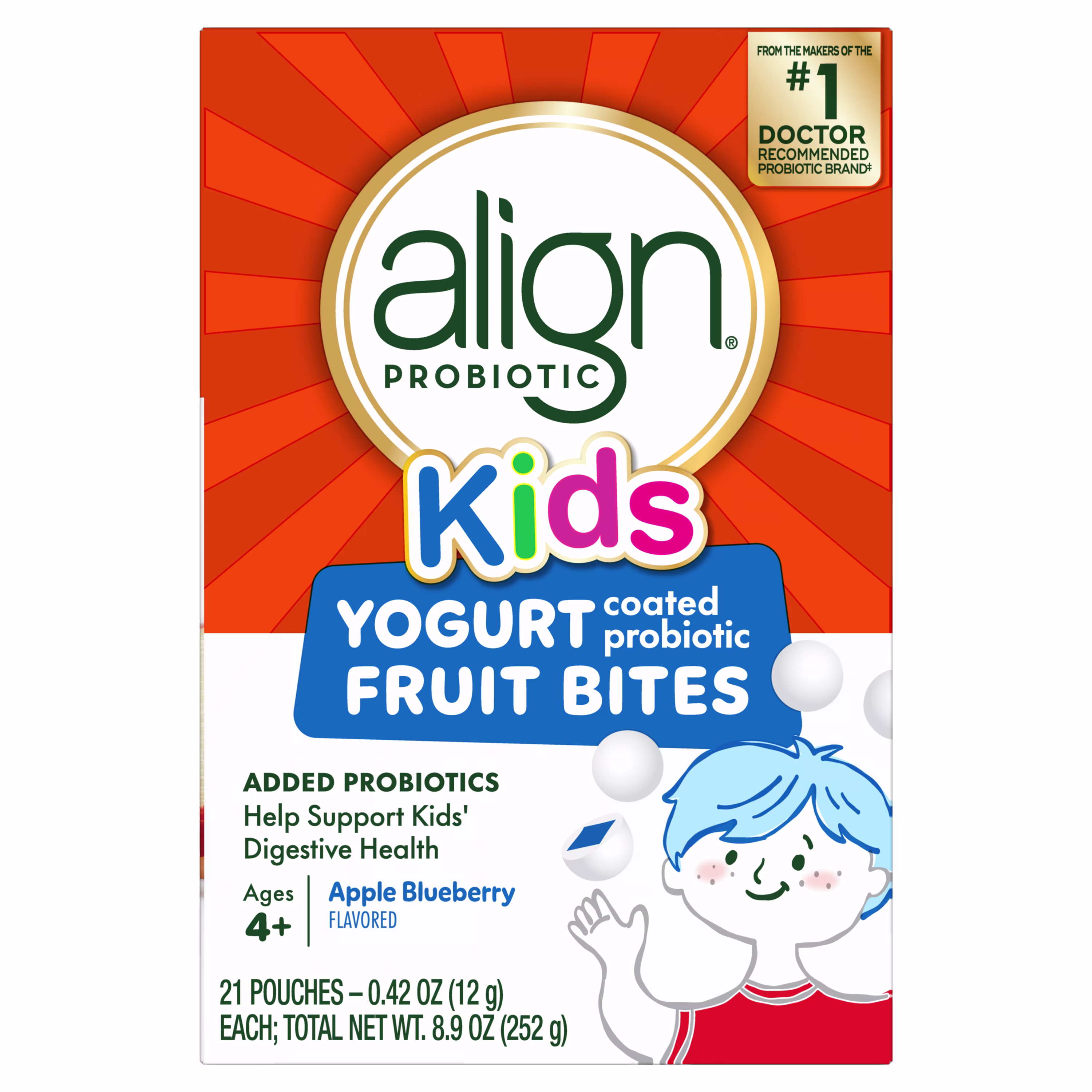 Package of Align Kids yogurt coated probiotic fruit bites of 21 pouches.