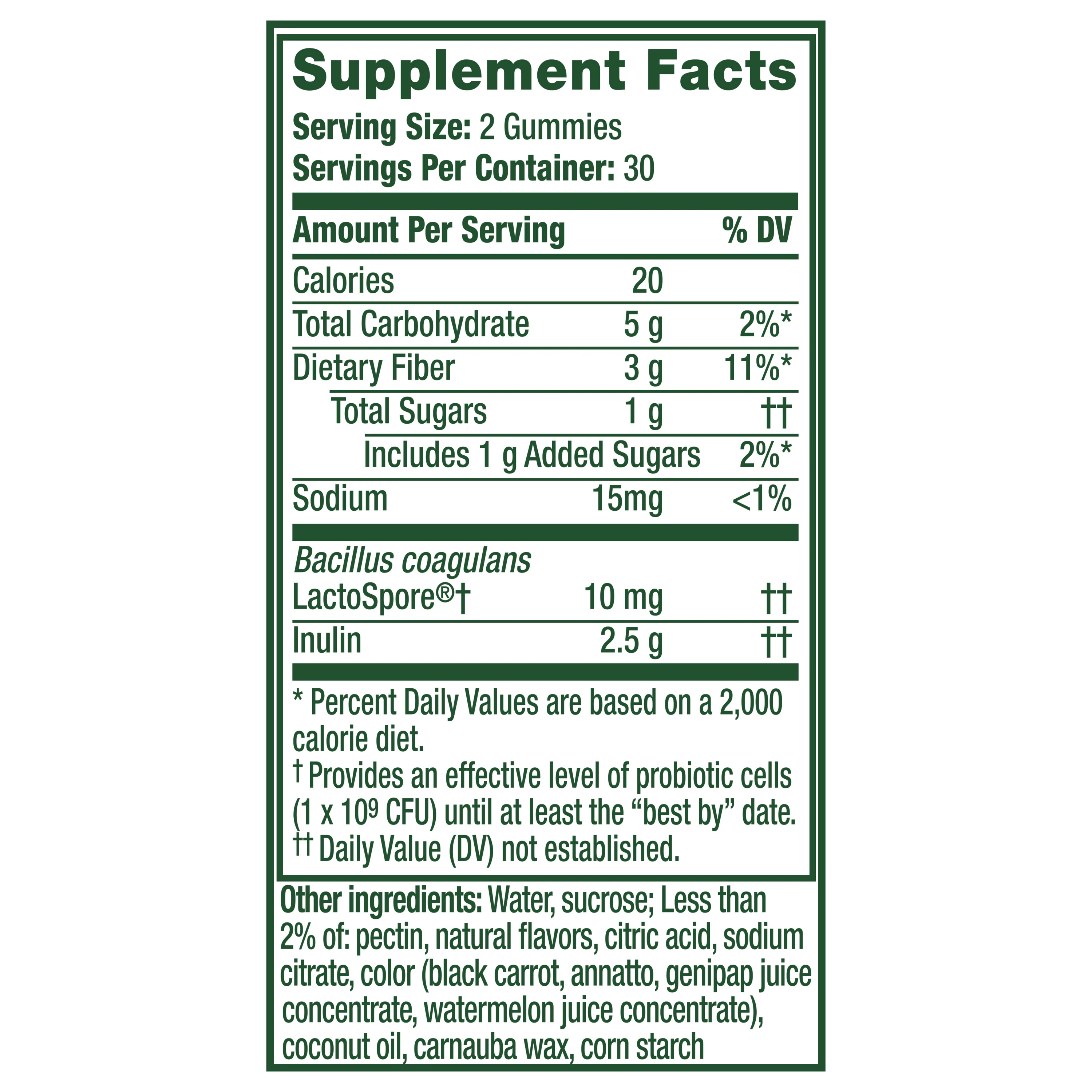 Supplement Facts label for probiotic gummies showing nutrition information, 2 gummies per serving, 30 servings per container.