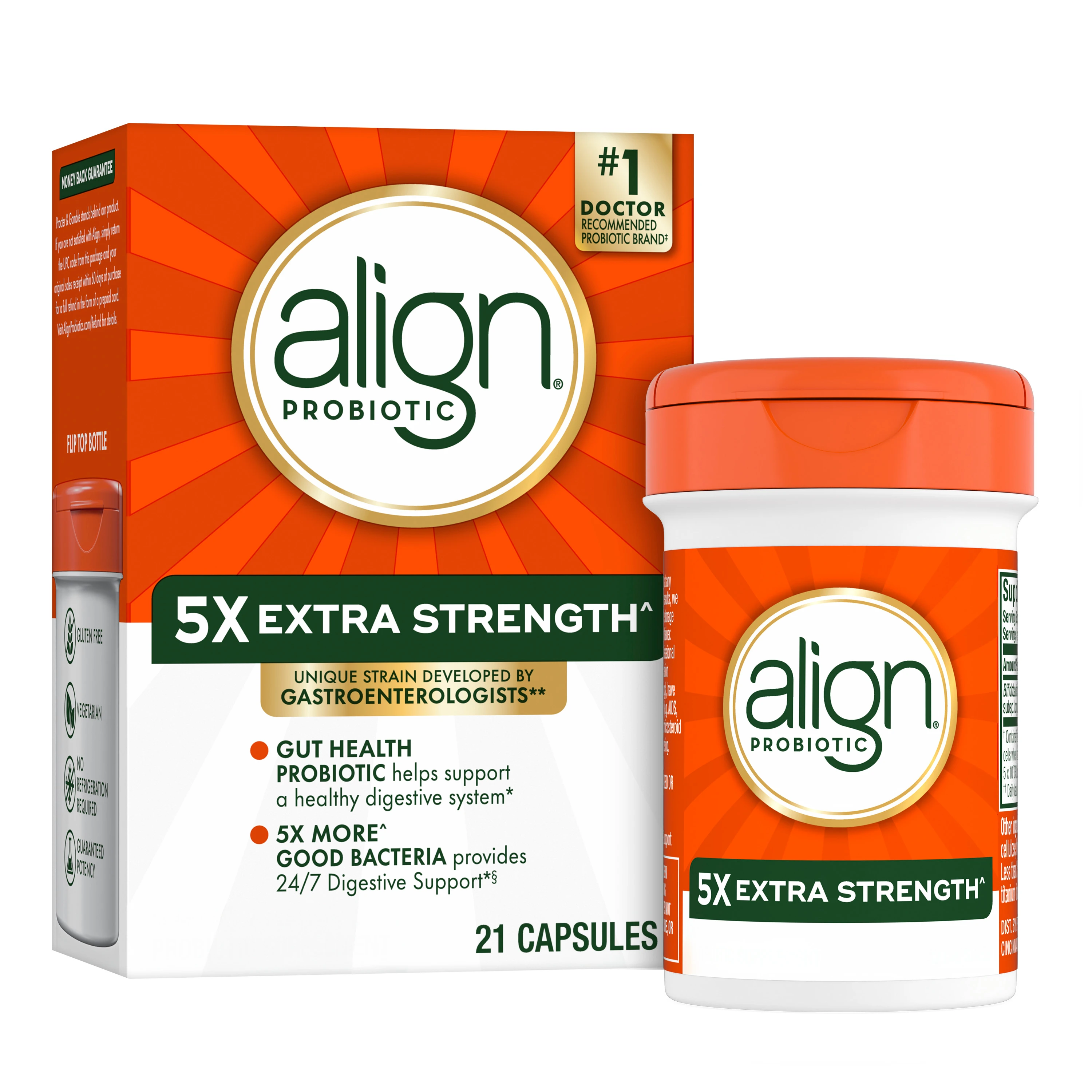Align Probiotic 5X Extra Strength supplement box and bottle, featuring orange packaging and 21 capsules for digestive health.