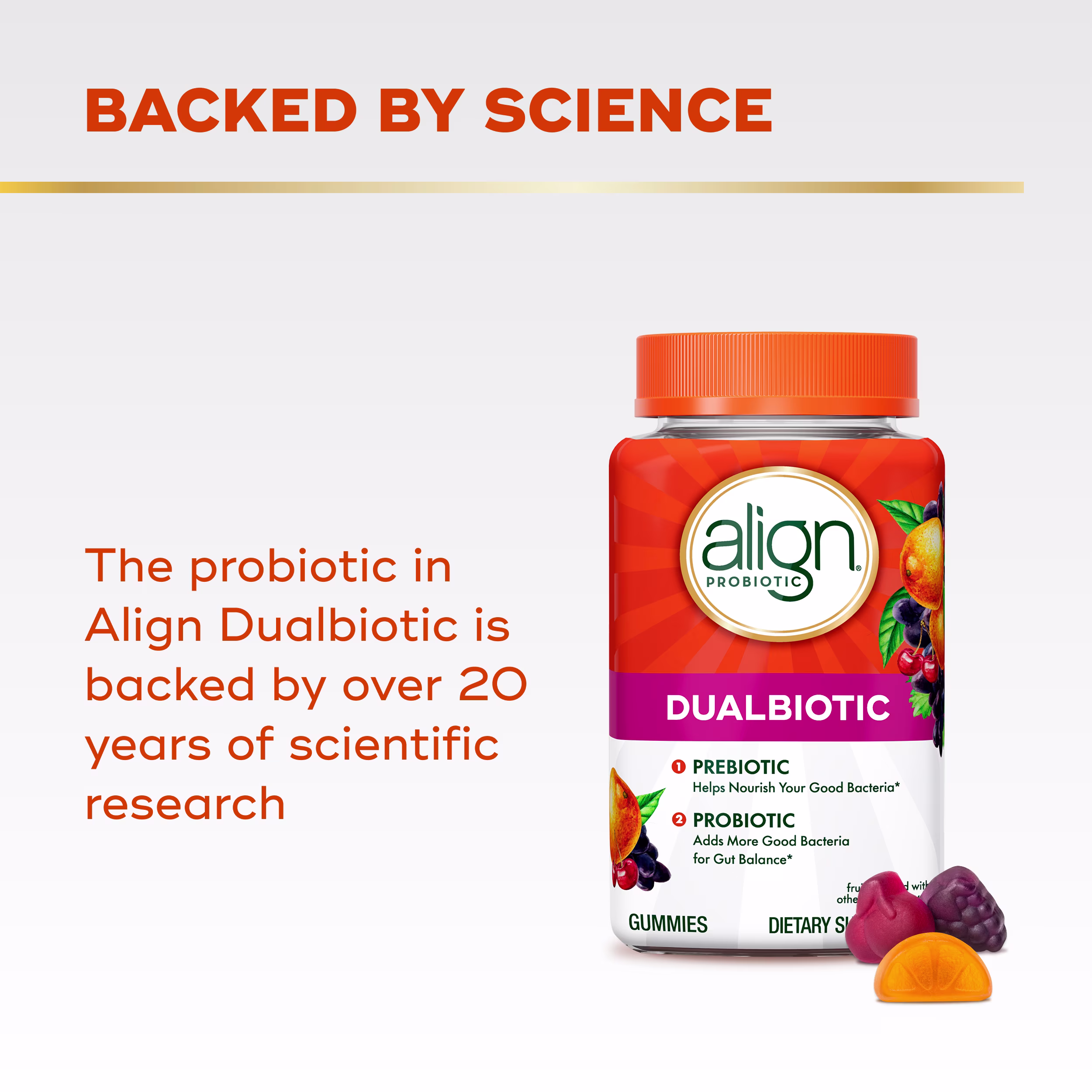 Align Dualbiotic probiotic gummies bottle with orange cap, featuring text about 20 years of scientific research backing.