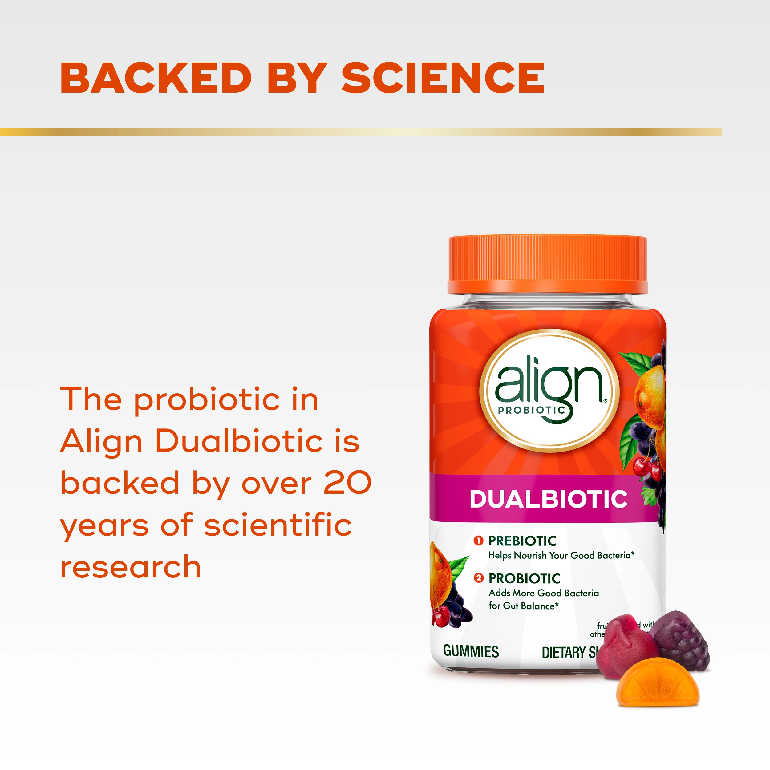 Align Dualbiotic probiotic gummies bottle with orange cap, featuring text about 20 years of scientific research backing.