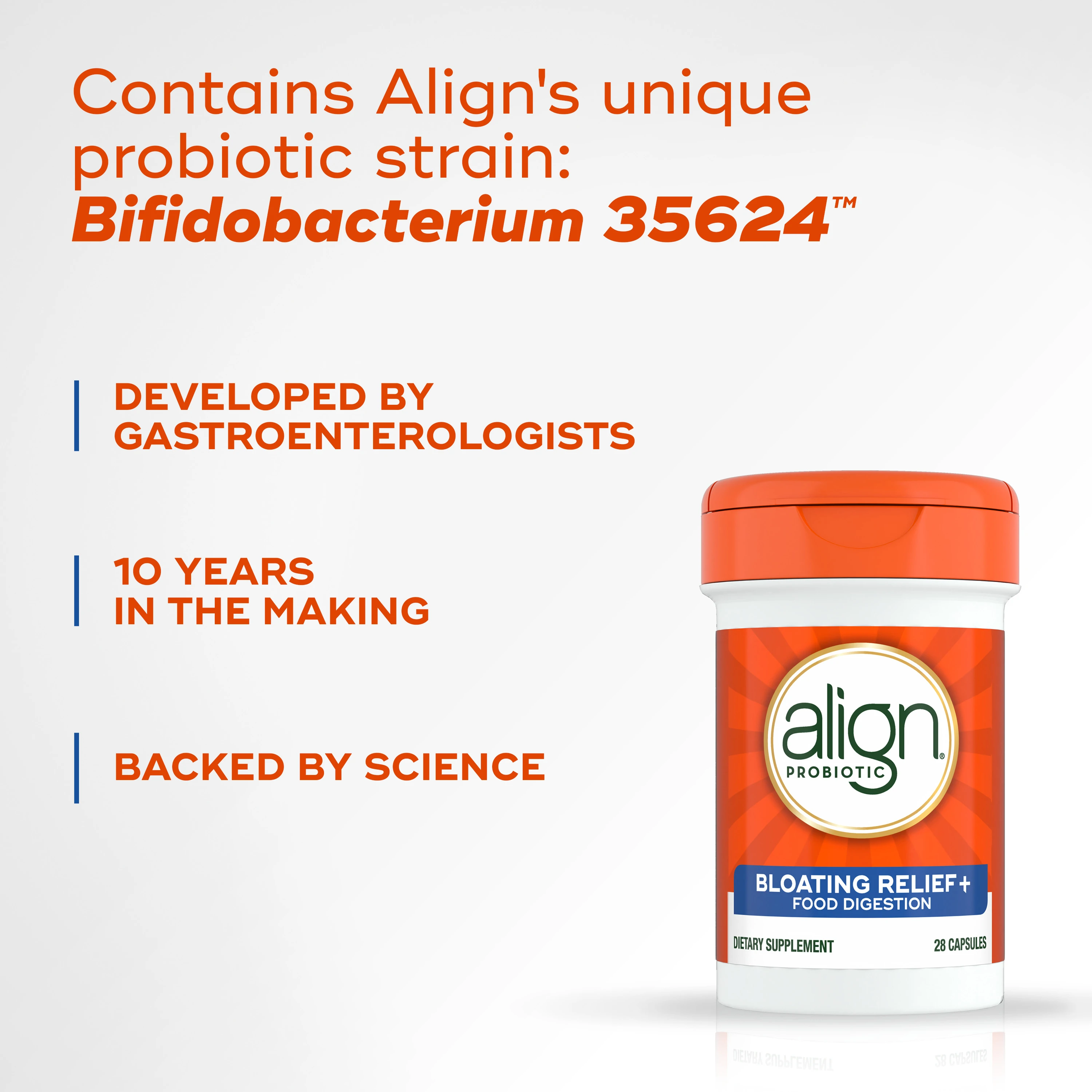 Orange Align probiotic supplement bottle with text highlighting its unique Bifidobacterium 35624 strain and digestive benefits.