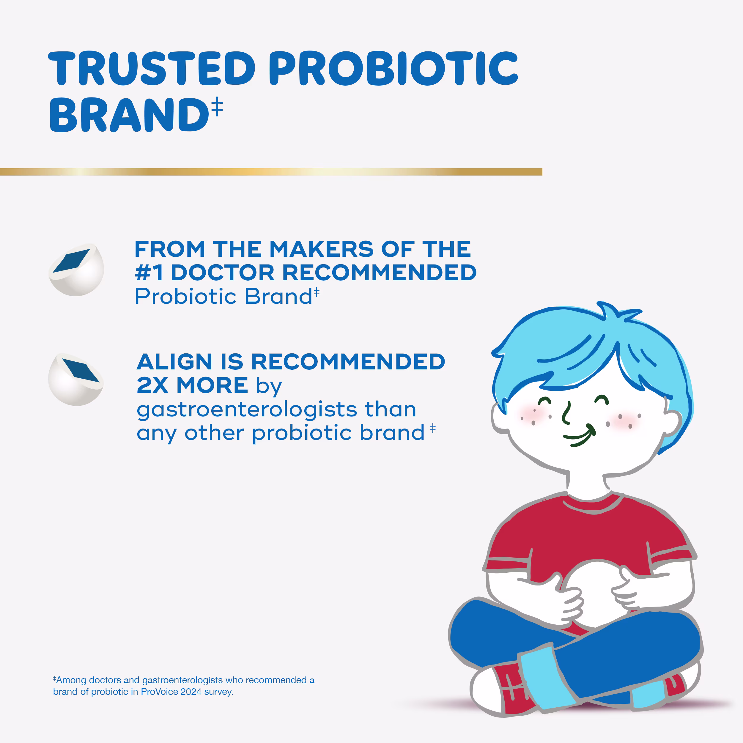 Text: "Trusted probiotic brand, From the makers of #1 Doctor recommended Probiotic brand, Align is recommended 2X more by gastroenterologist than any other probiotic brand" and cartoon style illustration of a young boy sitting on floor.