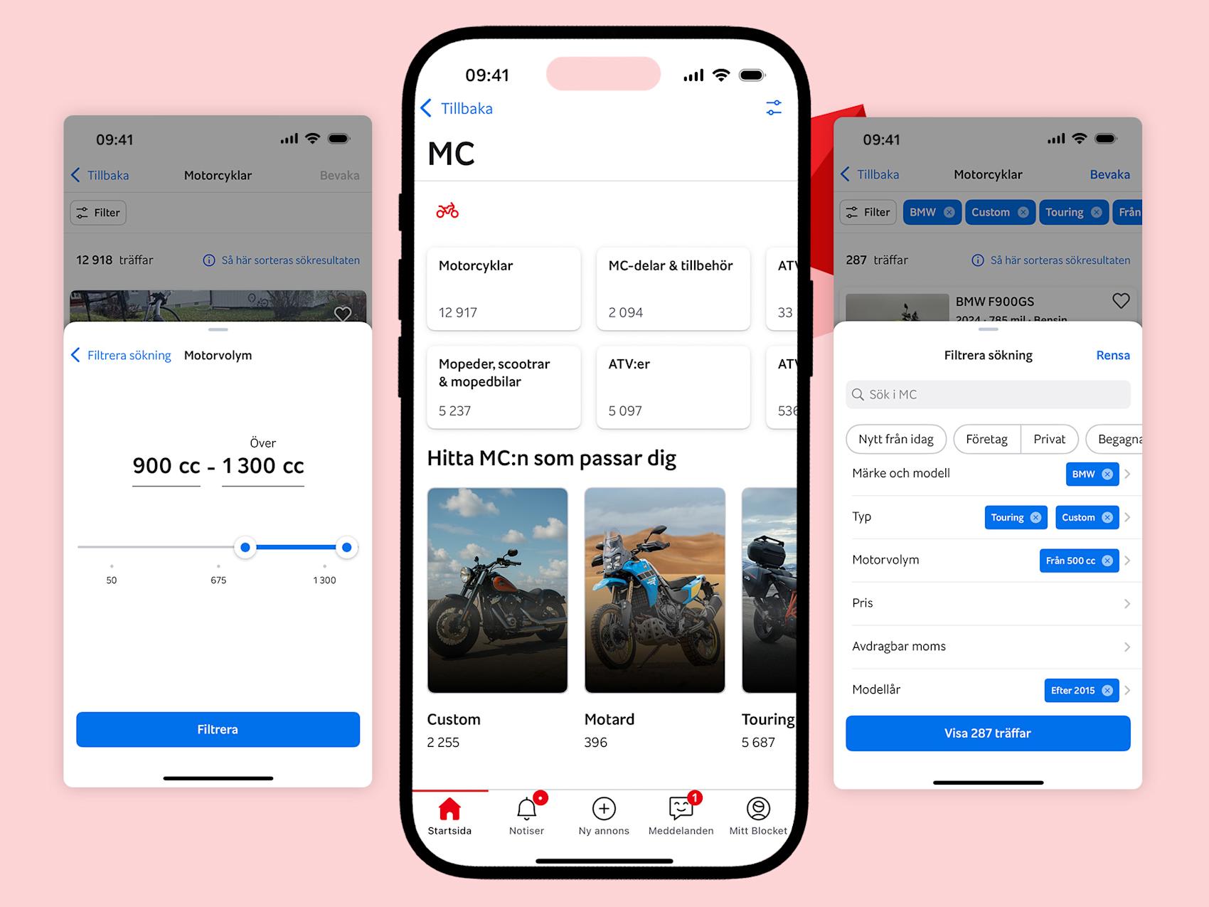 Tre mobilfilter som visar filter för motorcyklar