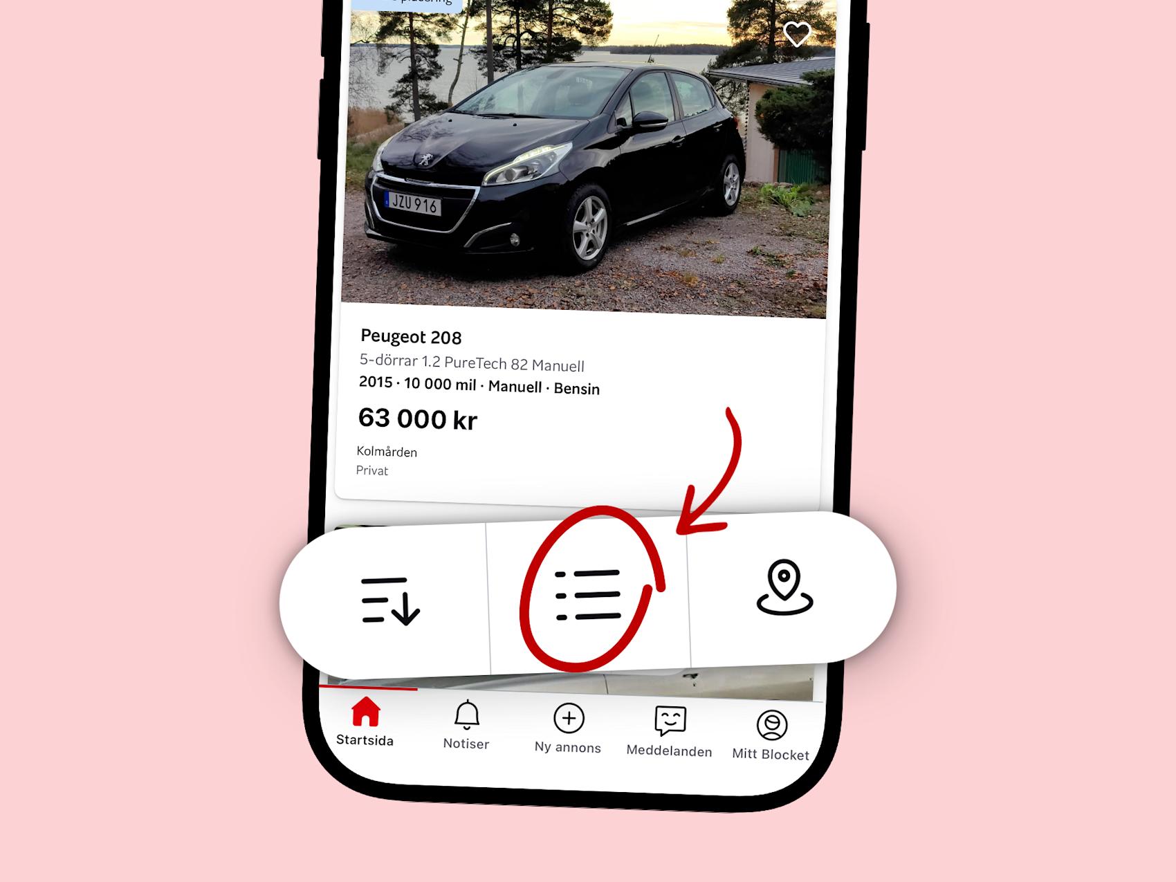 Mobil som visar listvy på Blocket