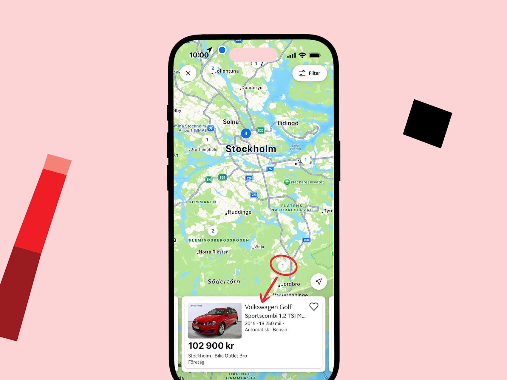 Grafik som visar hur du använder kartsök på Blocket