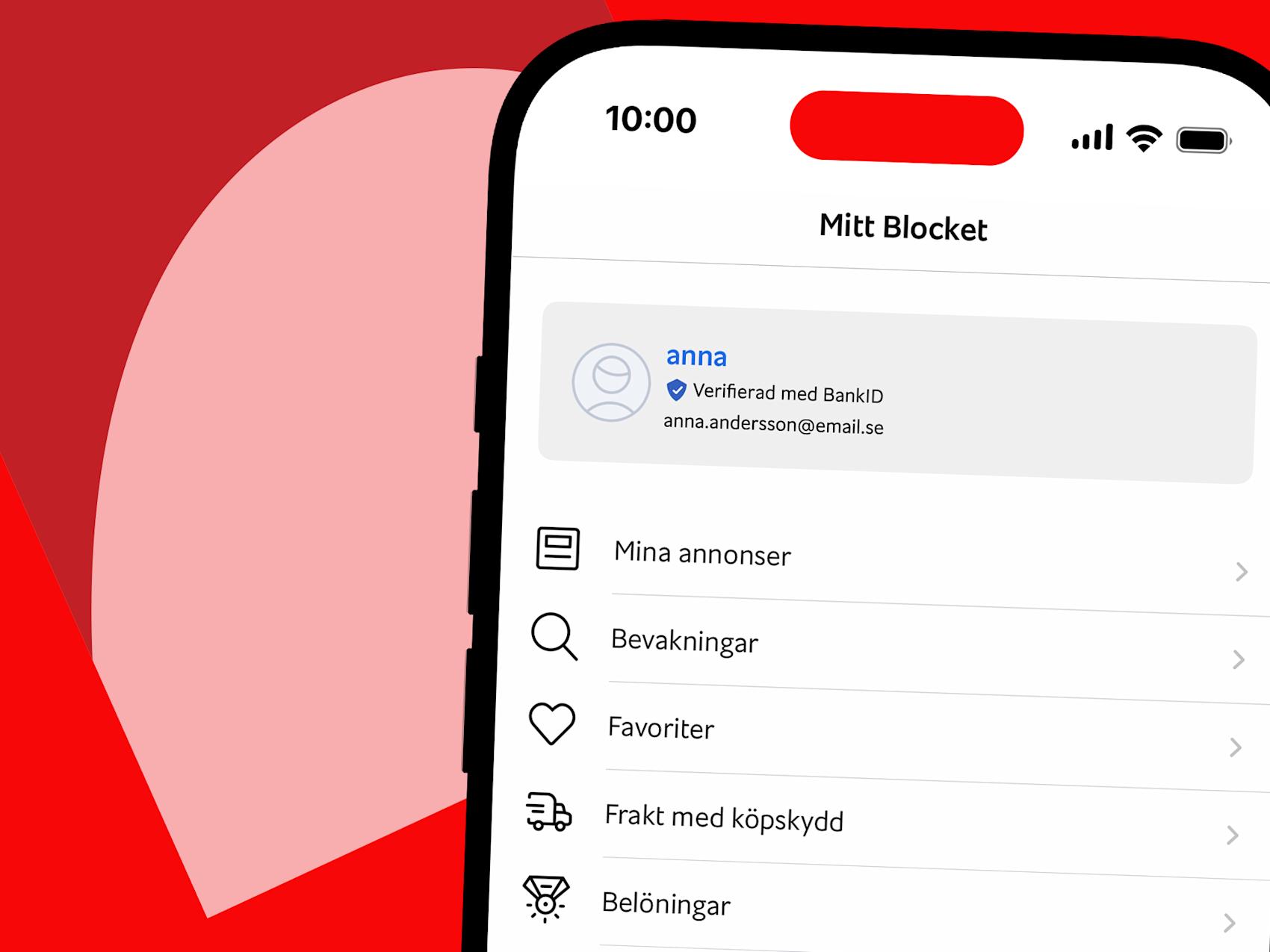 Mobil som visar meny för mitt blocket, röd grafik i bakgrunden