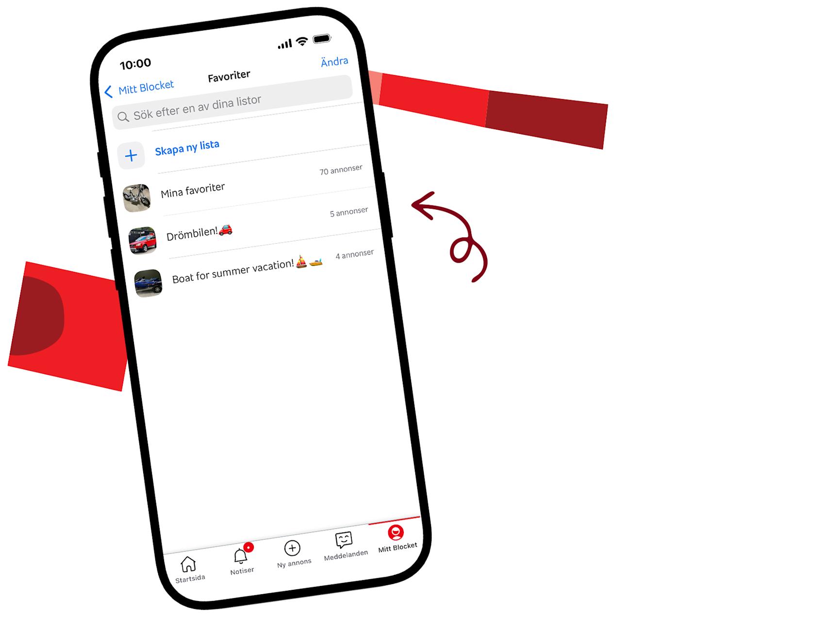 Mobil med grafik. Skärmen visar funktioner på Blocket.