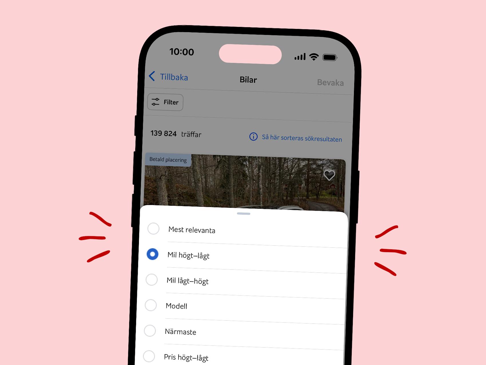 Mobil som visar hur man kan sortera på Blocket