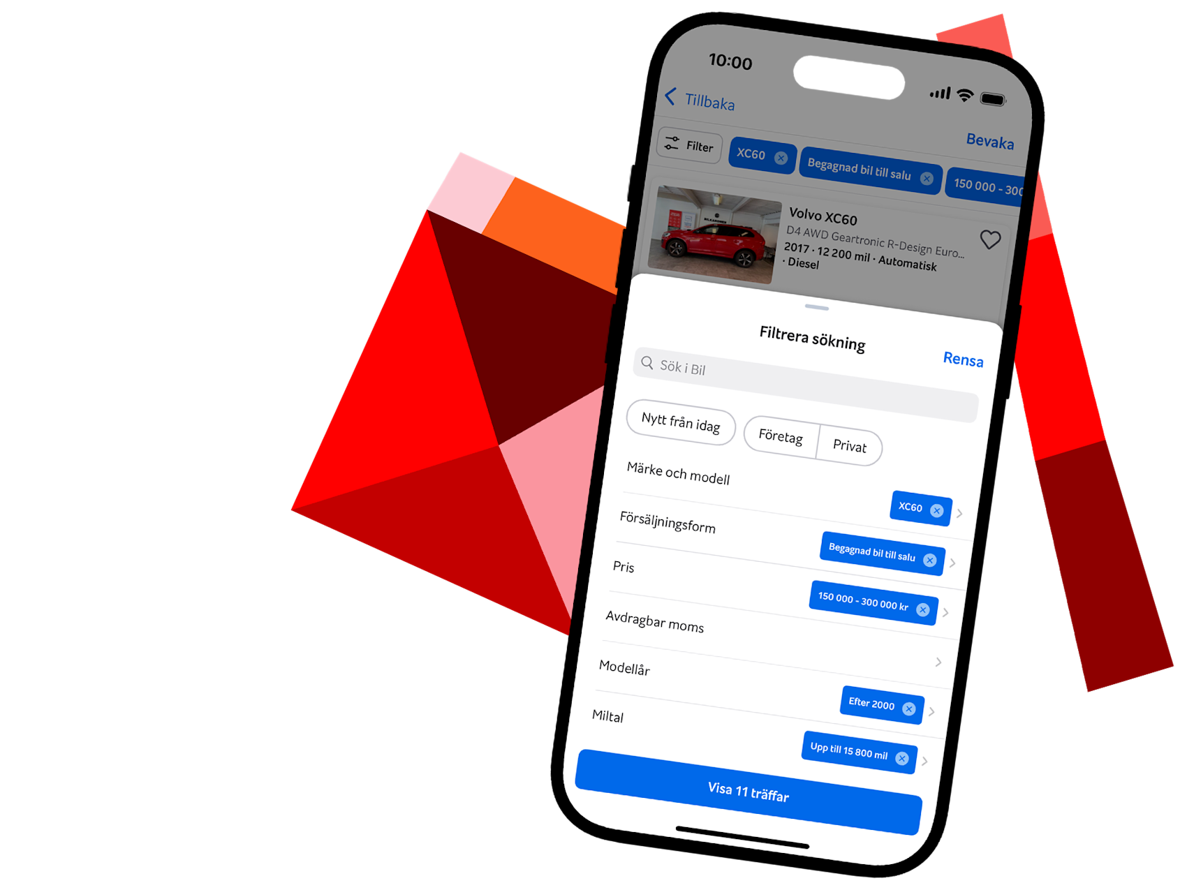 Mobil med grafik i bakgrunden. Skärmen visar filter på Blocket