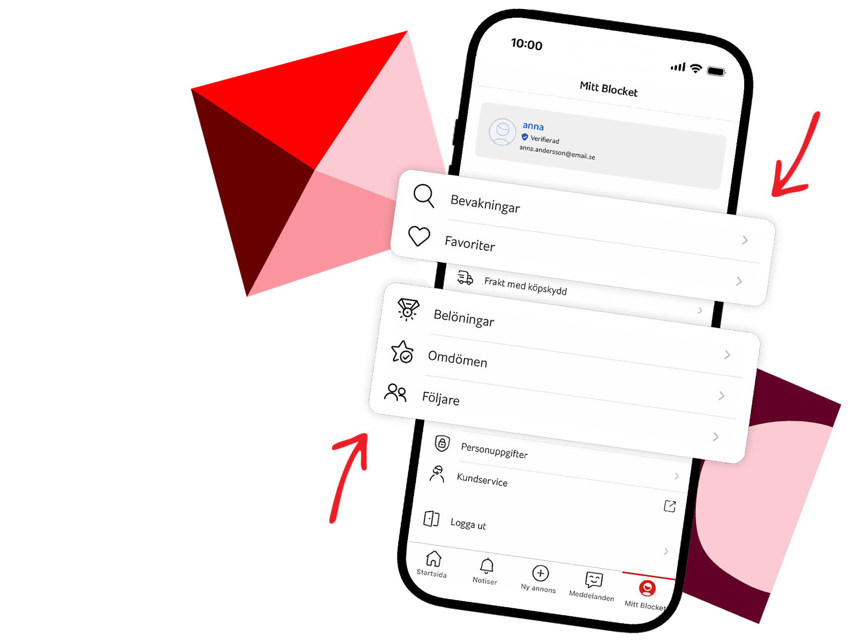 Mobil med grafik i bakgrunden. Skärmen visar funktioner på Blocket