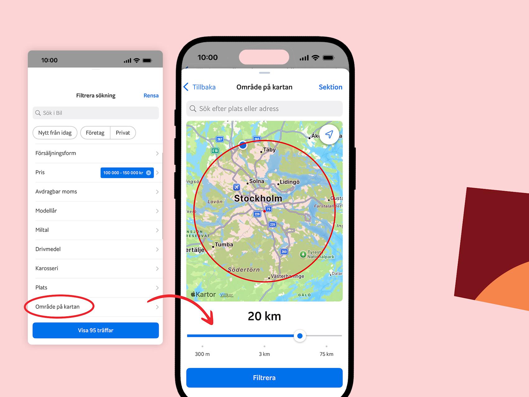 Grafik som visar hur du använder kartsök på Blocket