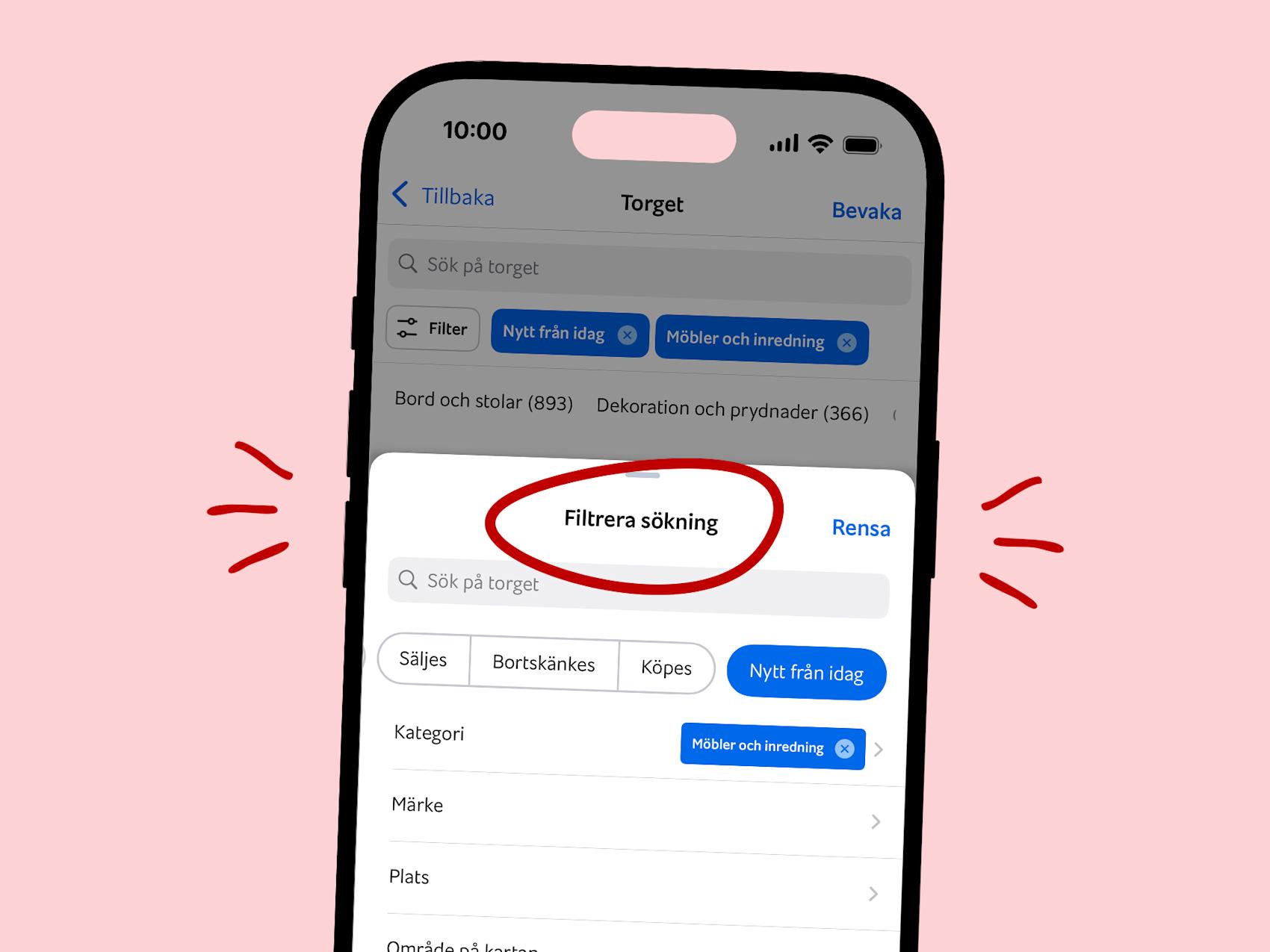Mobil som visar filtrering på Blocket