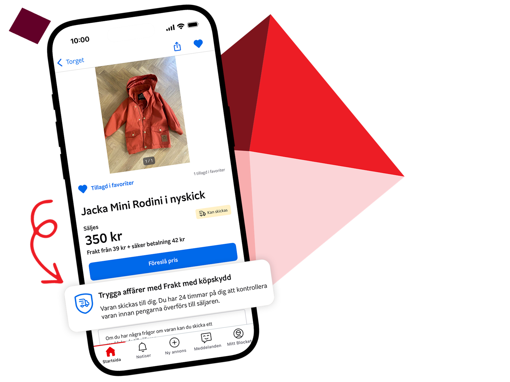 Mobil med grafik i bakgrunden. Skärmen visar en annons på Blocket