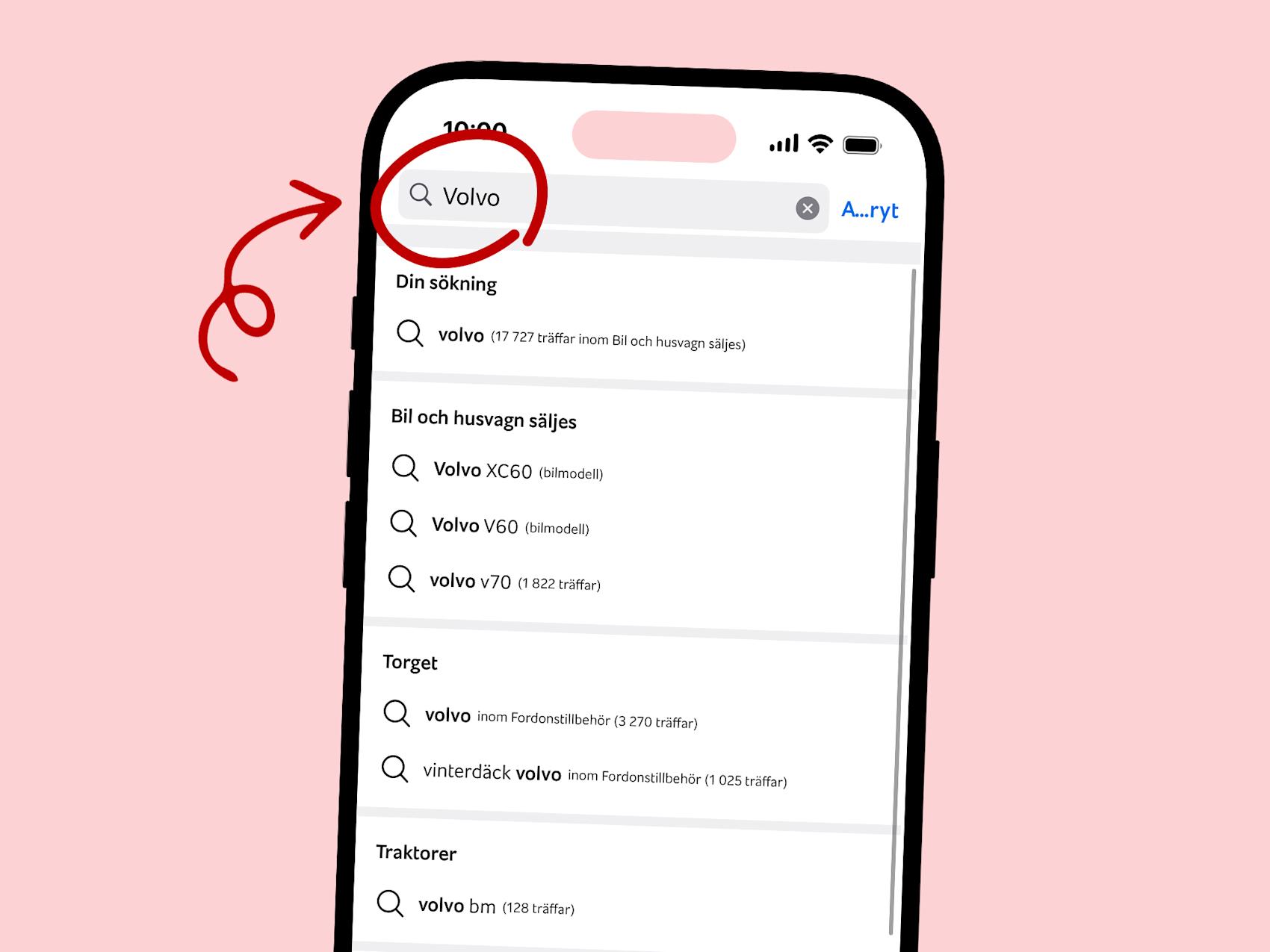 Mobil som visar hur man söker på Blocket