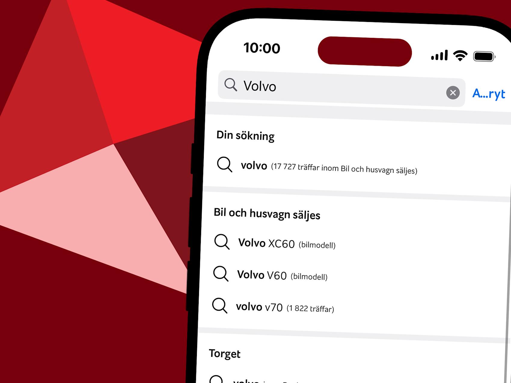 Mobil som visar sök på Blocket, röd grafik i bakgrunden