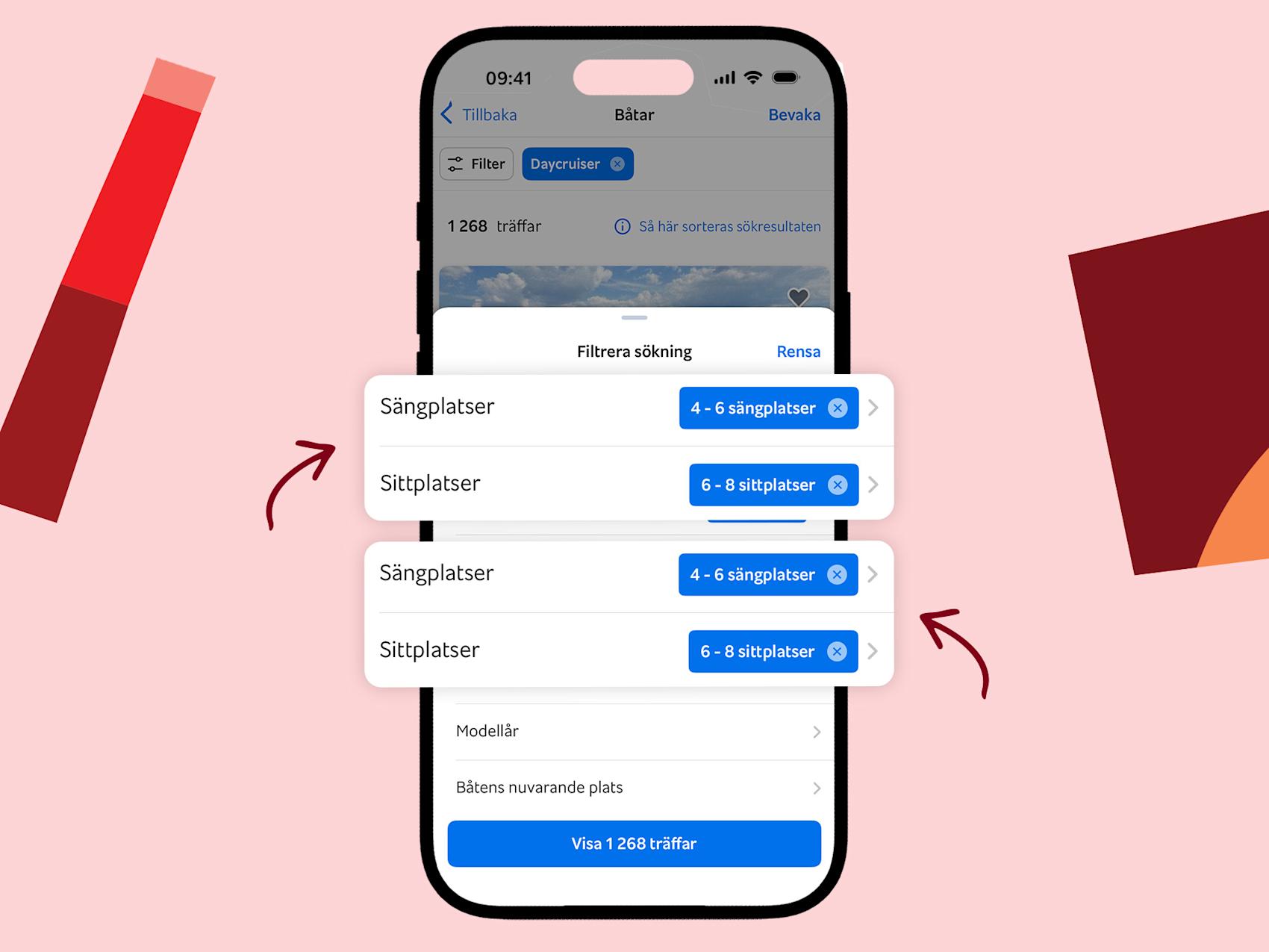 Grafik på mobil som visar filter för båtar på Blocket