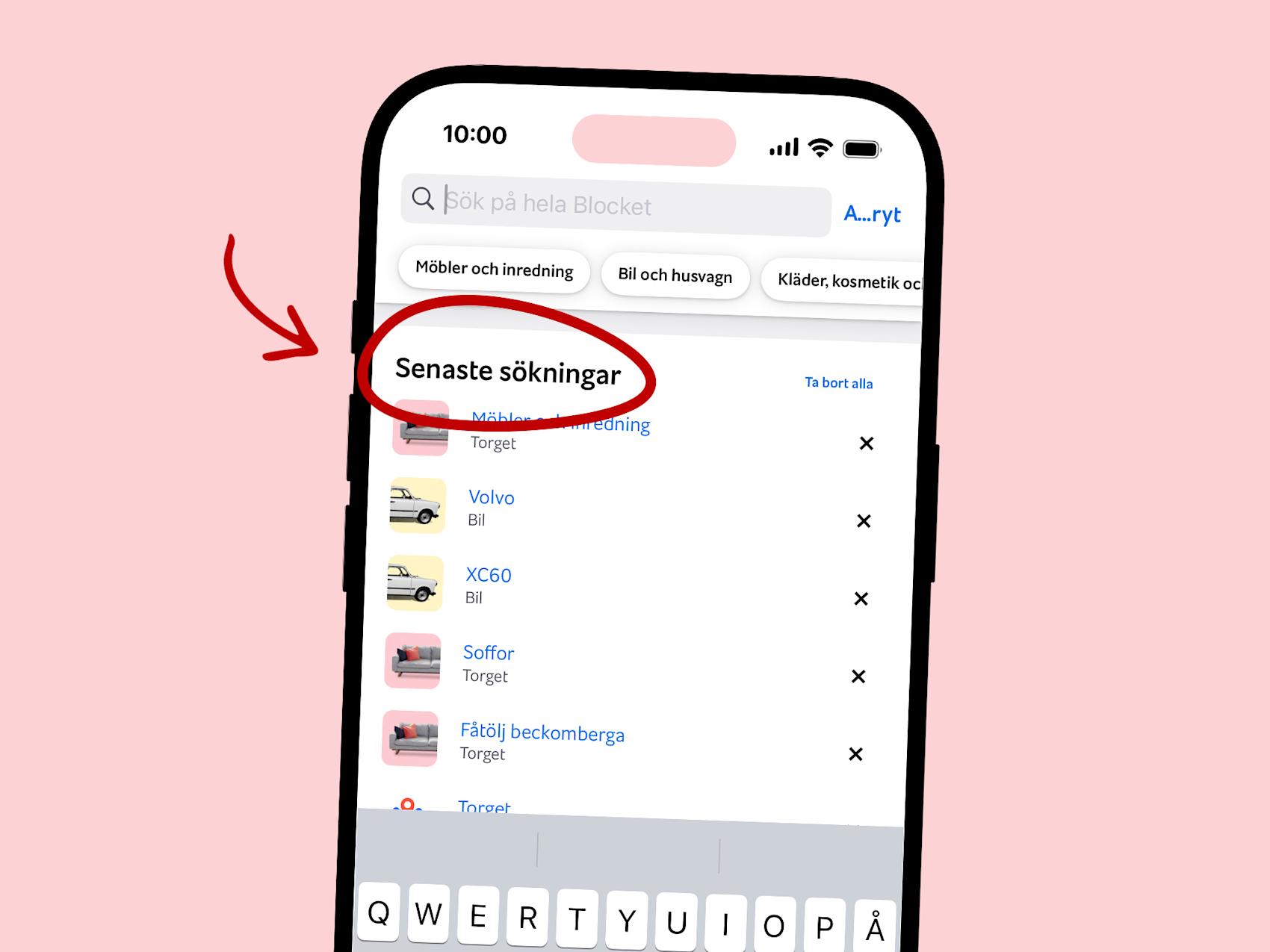 Mobil som visar senaste sökningar på Blocket